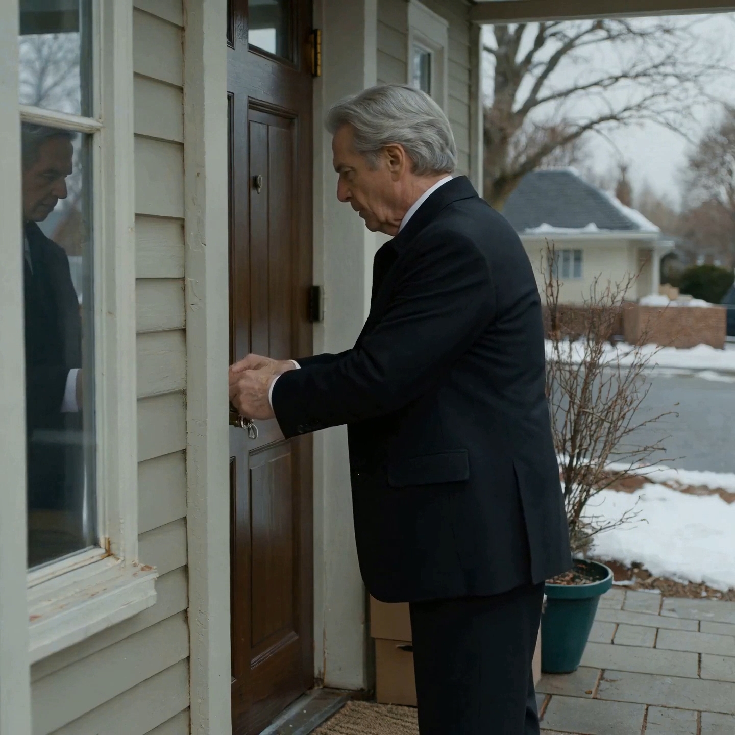 I buried my wife of forty years on a Tuesday morning. Eleven minutes later, I was standing in front of my own house in my funeral coat, my key no longer worked, and my son had left a note on the porch saying the property was in his name now. I read it once, folded it in half, slipped it into my pocket, and made one quiet call.