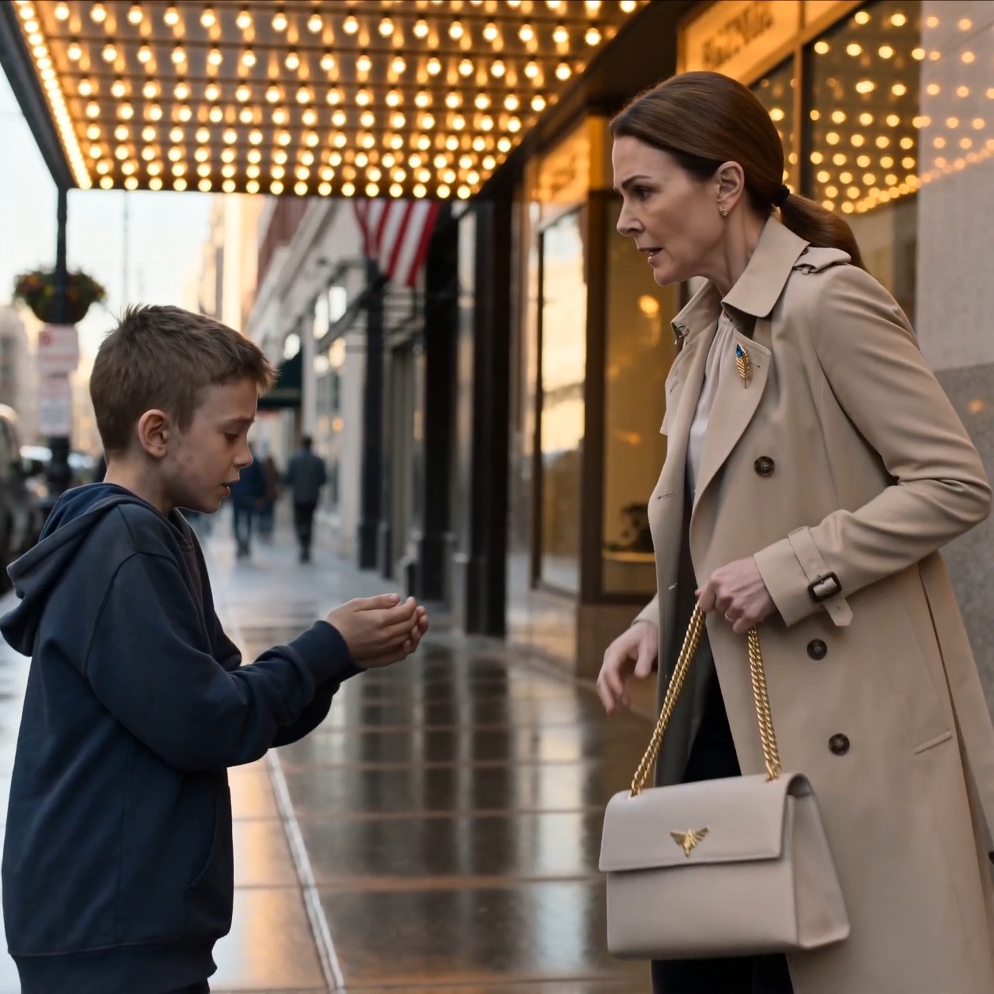 A dirty little boy grabbed the gold chain on my handbag outside a donor dinner and held up a pin that disappeared the same week my sister did. Then he said, “My mother told me to find the woman with the other one.” I went cold so fast I nearly dropped my purse.