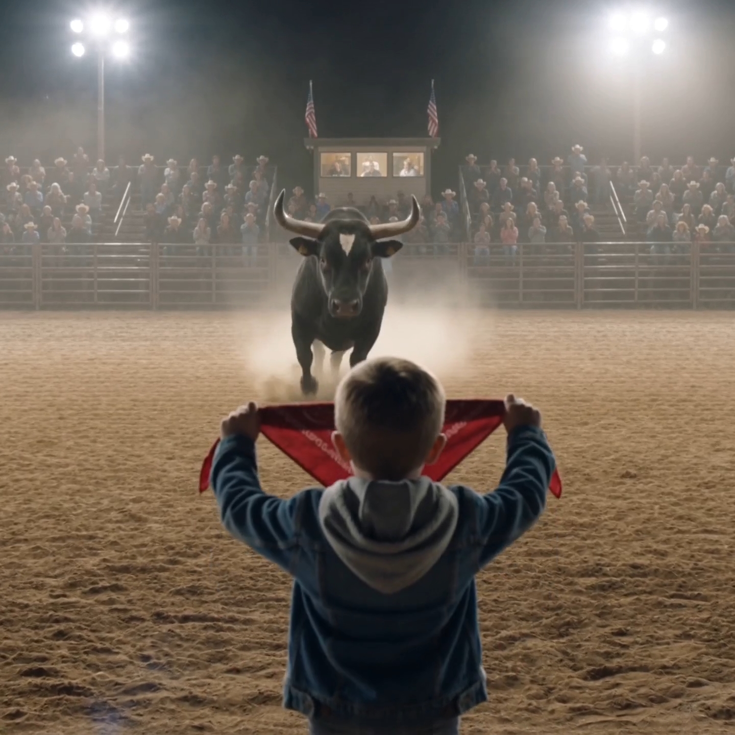 A ten-year-old boy climbed into a rodeo arena holding his dead father’s red bandana, and the black bull everyone feared stopped inches from his chest. But when the boy reached under the bull’s collar, the announcer went pale and screamed, “Don’t touch that.”