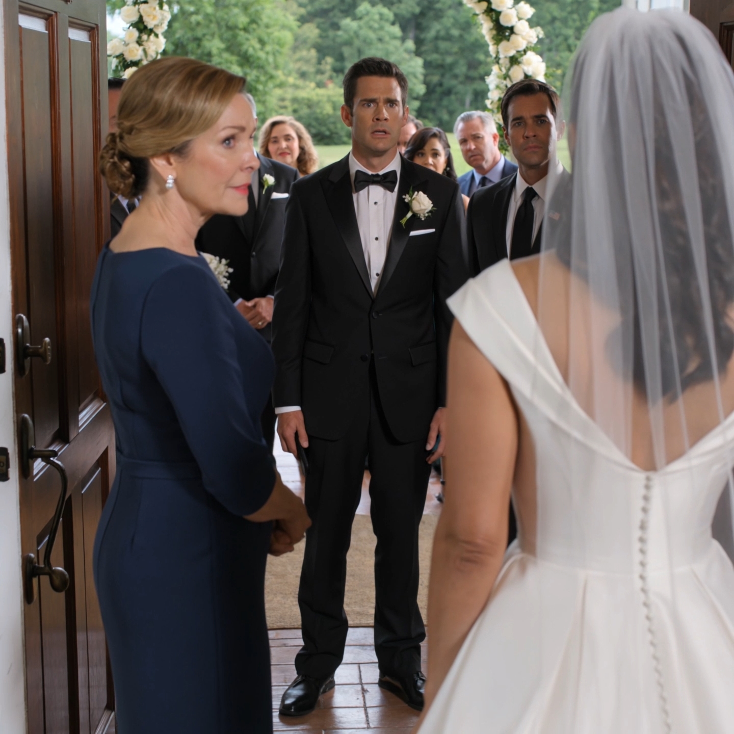 Daniel stopped his own mother at the church doors on his wedding day and said, “You’re not family anymore.” She did not cry. She did not beg. She only looked past him at the bride, then whispered, “That’s fine, son. But check your phone.” By the time the second attachment arrived, the bride’s father was already standing up.