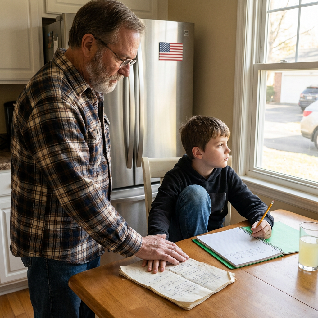 My grandson had been too quiet around his stepmother for three years, but the day he slid a folded note under my hand and kept watching the driveway instead of my face, I knew this was no ordinary family tension. The note said, “Grandpa, check the gray bin under the back porch. Don’t let her know.” By the time I lifted that red lid, I understood something children should never have to learn: how to act normal when they are scared.
