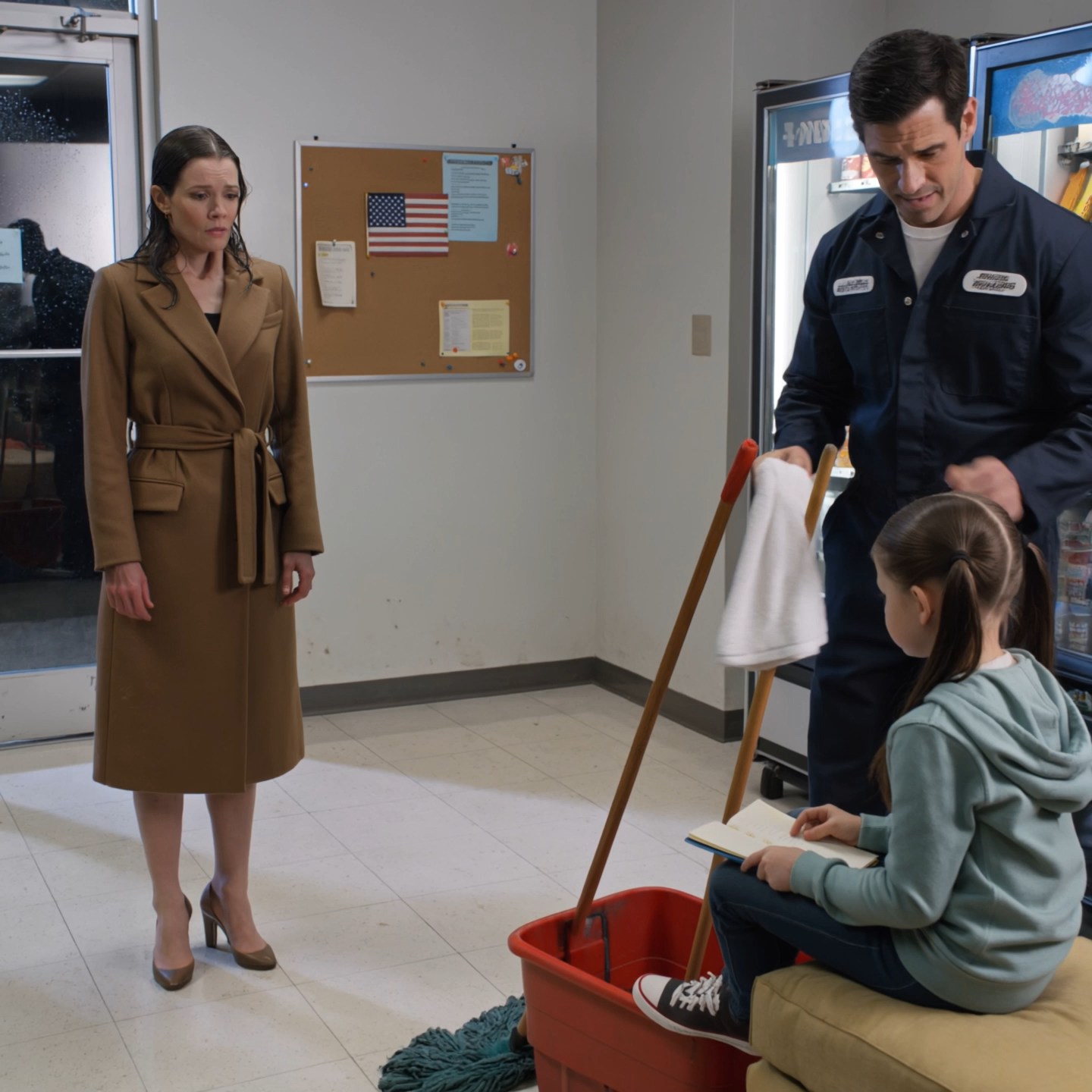 By 10 p.m., the billionaire they had just locked out of her own building was sitting in a convenience-store hallway across from a janitor’s daughter. Then the little girl slid a notebook into her lap, and Isabella Carter saw one detail that should not have been there.