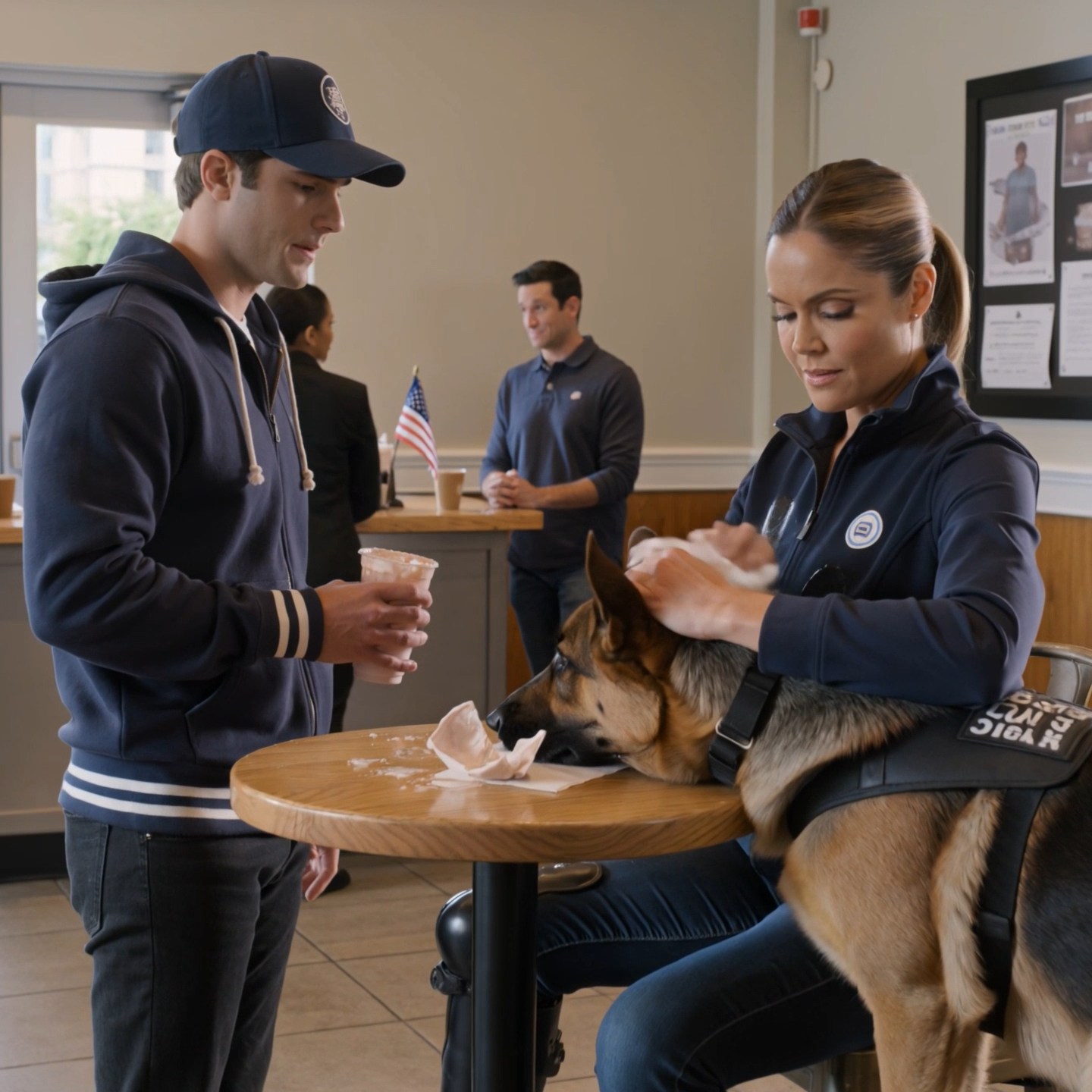 He threw a milkshake at a woman with a prosthetic leg and her German Shepherd in the middle of a packed café, smiling like he had just given his friends a story to laugh about. What he did not know was that half the room was about to realize he had picked the worst possible person to humiliate.