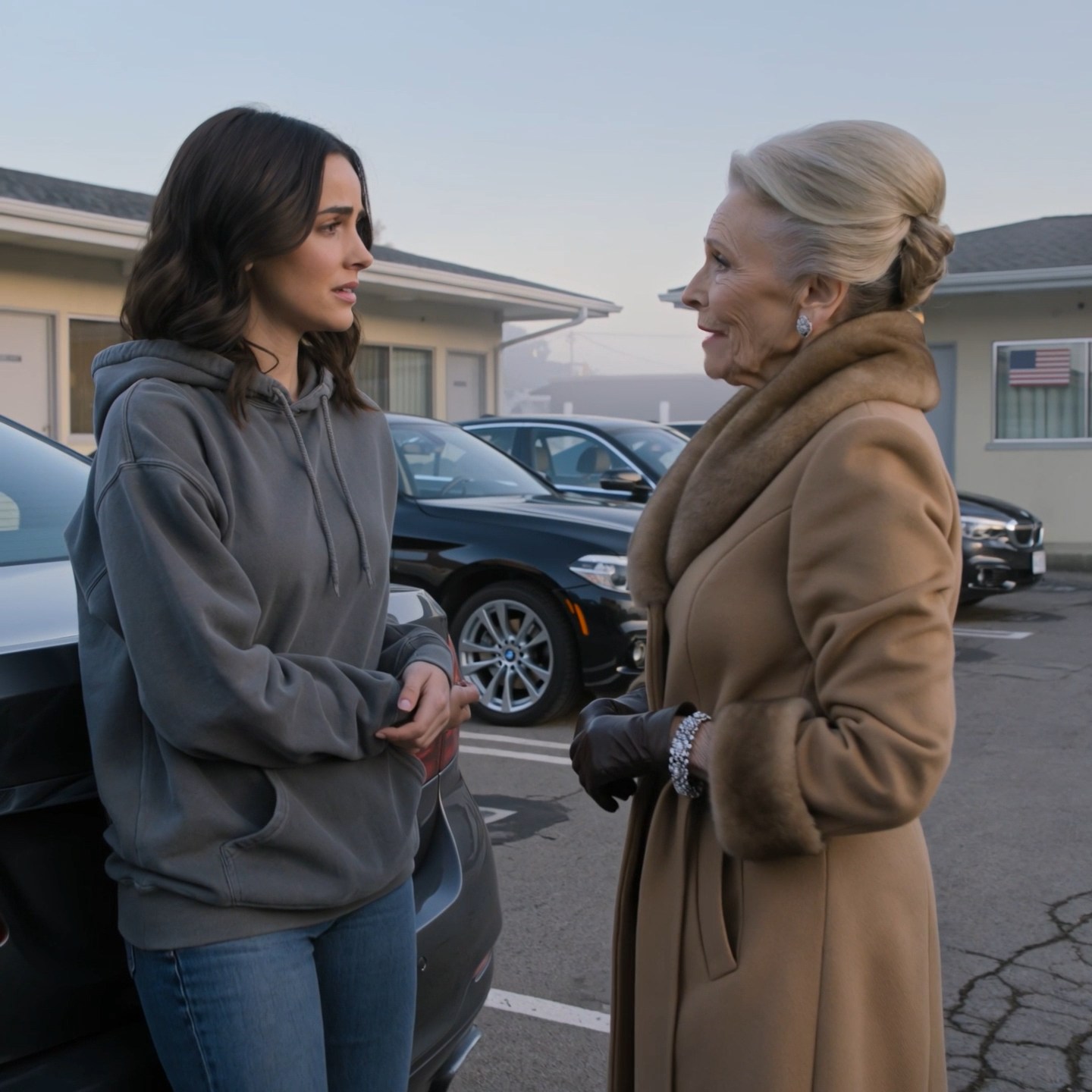 On Christmas Eve, my parents put me out with one suitcase, my sister filmed it from the foyer like it was holiday entertainment, and an hour after I gave my winter boots to a barefoot woman outside the church garden in Hillsborough, nineteen black BMWs came through the fog and stopped in front of me. The woman stepped out of the middle car, looked at me for a long second, and said something that made the whole night tilt.