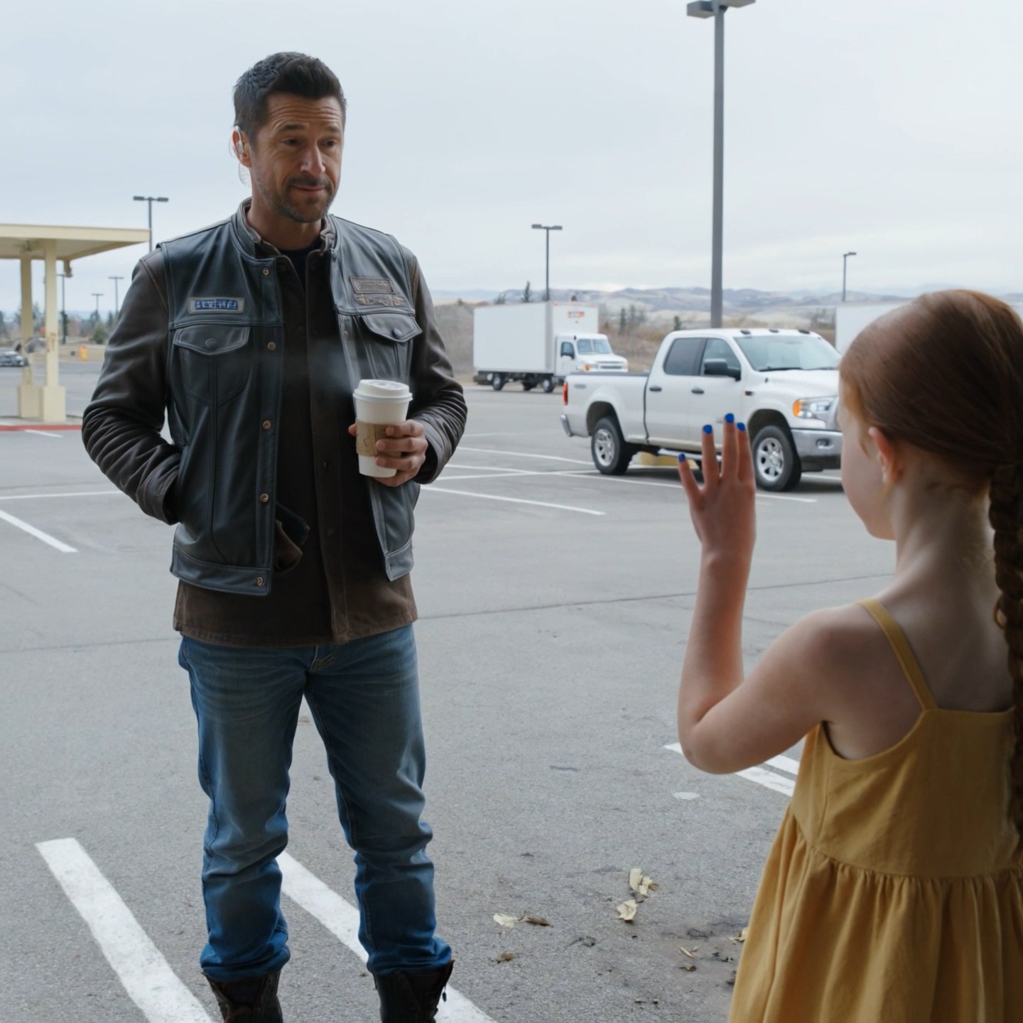 An eight-year-old girl stood at a Wyoming rest area in a yellow sundress while semis idled in a February blizzard, and the only person she trusted was a biker with a hearing aid.