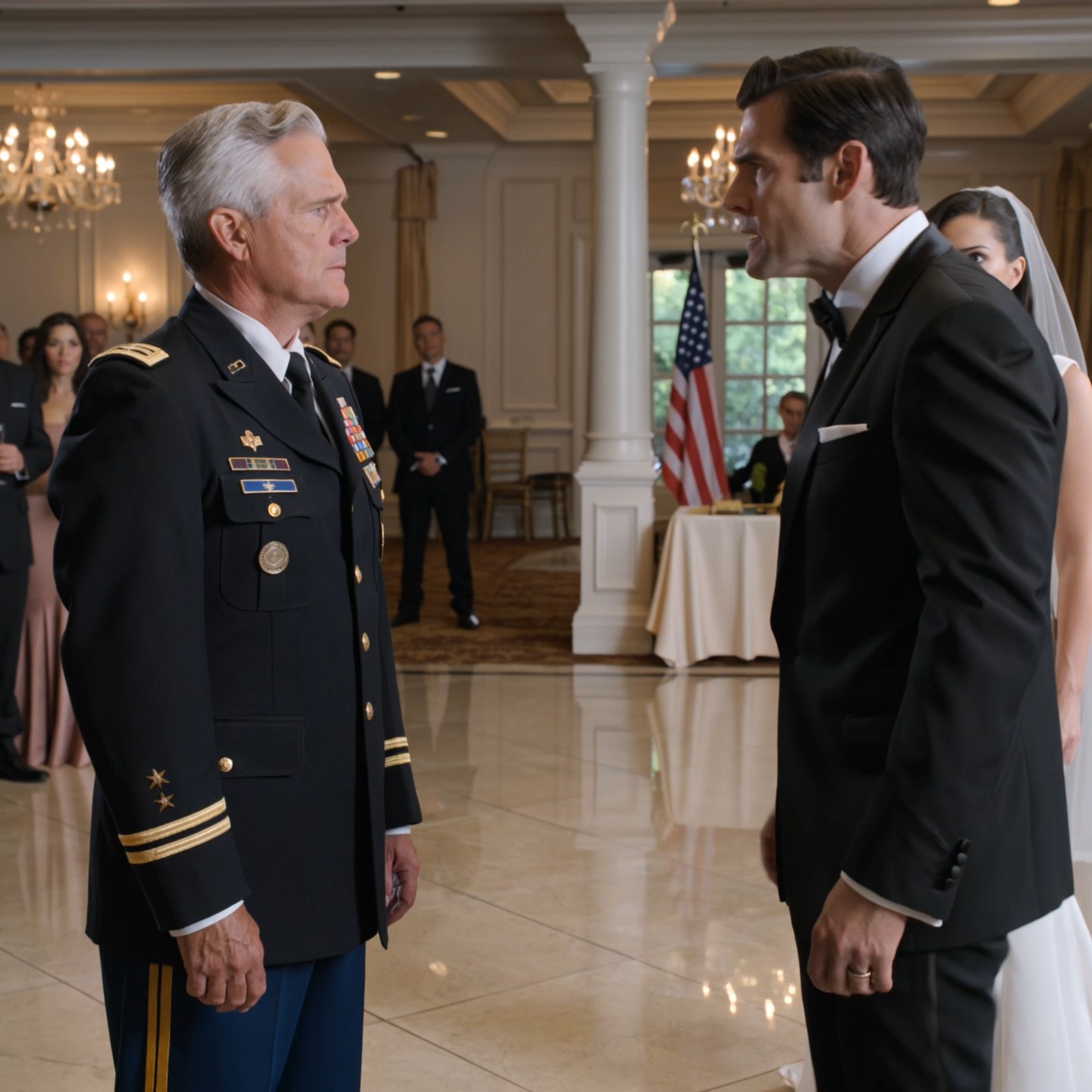 At my CEO son’s wedding, he pointed at the medals on my suit and said, “Take those off. You embarrass me.” When I refused, he hit me in front of 300 guests. Then one of his biggest investors caught his wrist and said eight words that drained the color from my son’s face: “You have no idea who your father is.”v