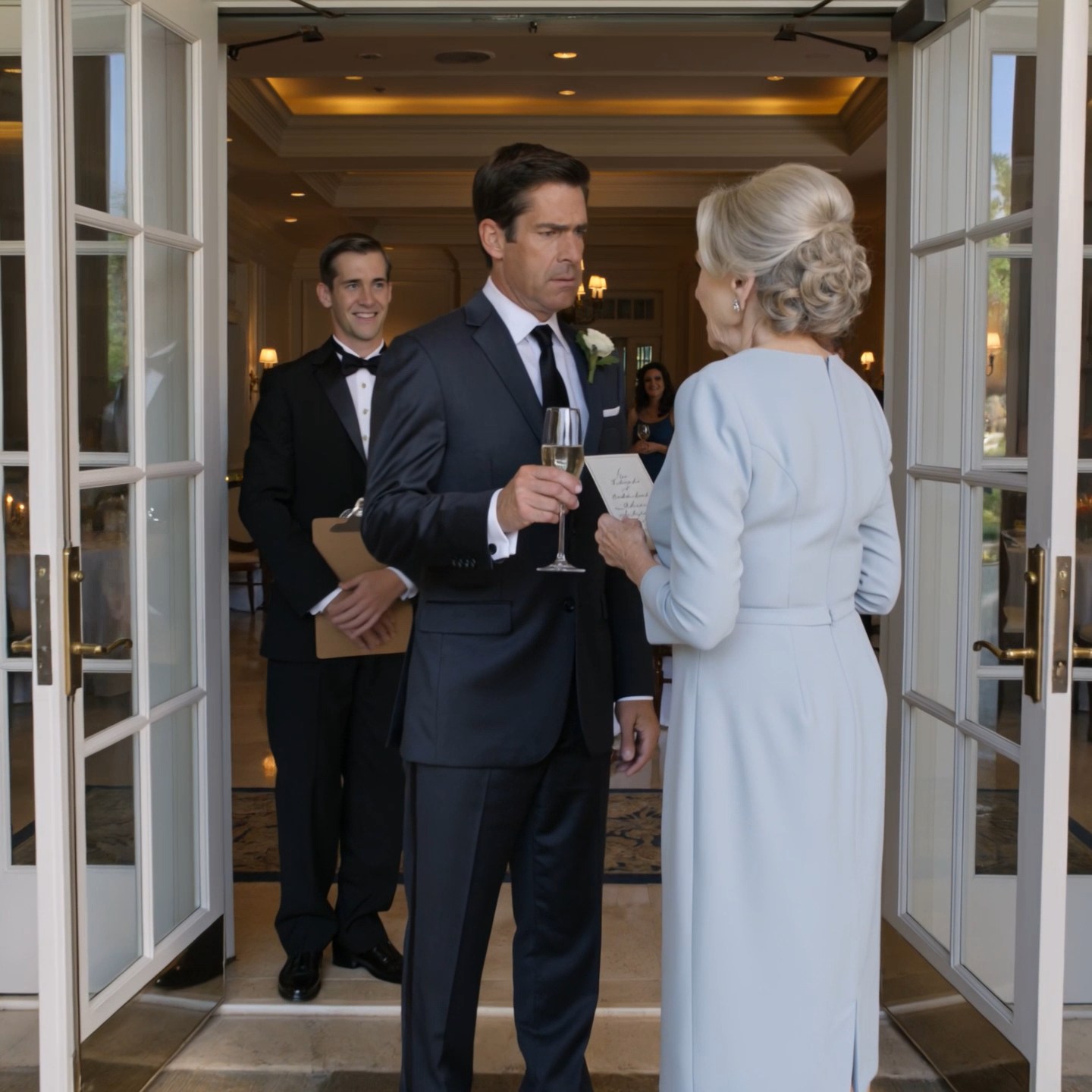 I paid $55,000 for my son’s reception. At the ballroom door, he looked at me in my pale blue dress, tightened his grip on his champagne glass, and said, “Mom… there’s no room.” I smiled, turned around, and walked out before 150 people could watch my face break.