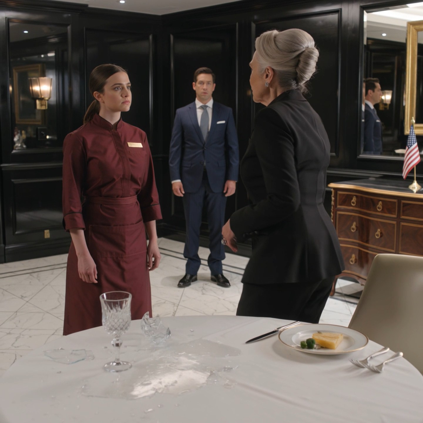 When the billionaire’s mother smashed her crystal water glass on the marble floor and told my manager to fire me on the spot, I told her to pick it up herself. Her son went still before she did. That was the first sign the most feared woman in the room was not as untouchable as everyone thought.