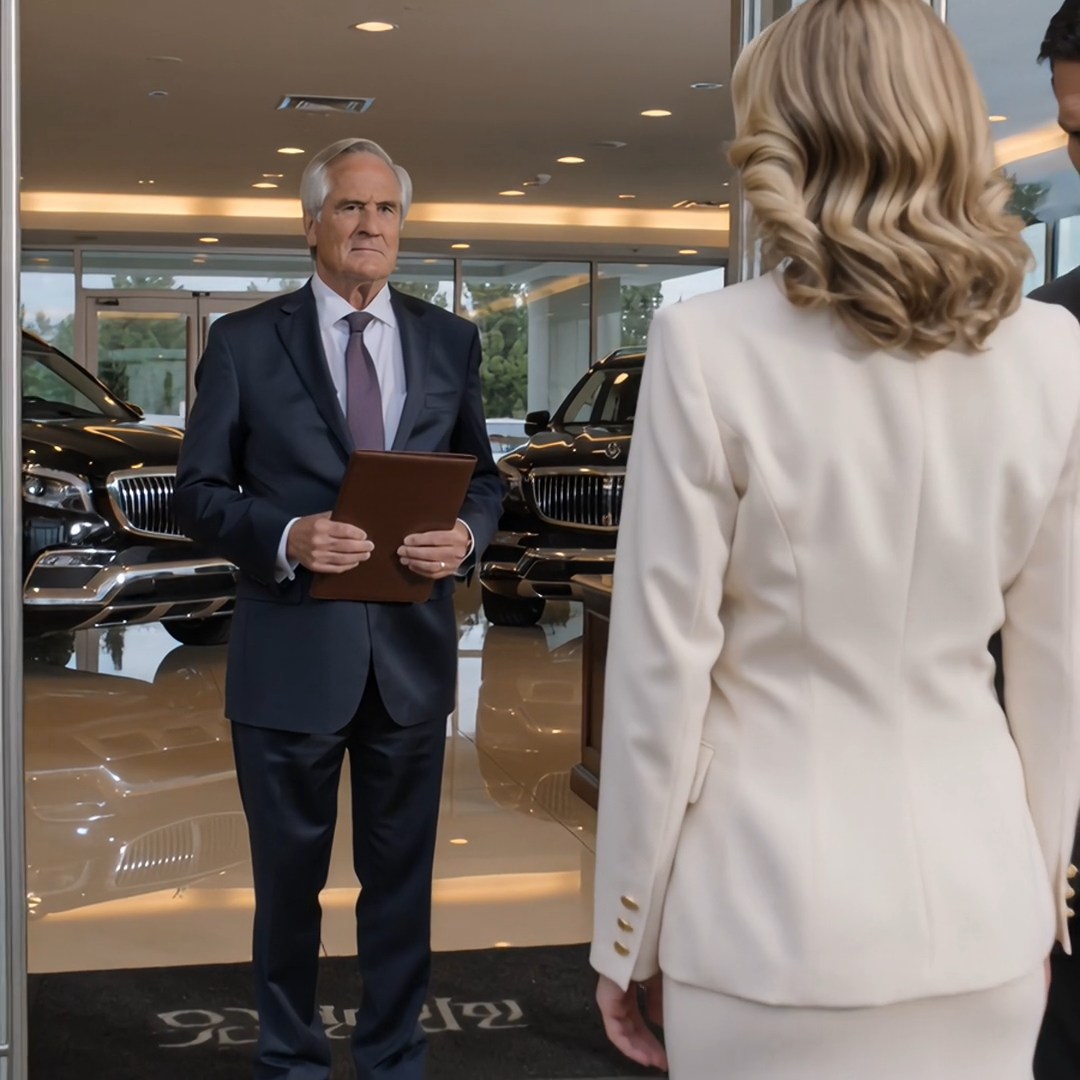 My son’s wife blocked me from the grand opening of the car dealership I funded with $450,000, looked at my old suit, and said, “You’re not invited. You’d embarrass us.” Then my own son stepped beside her instead of me. I smiled, said one quiet sentence, and watched all the color leave her face.