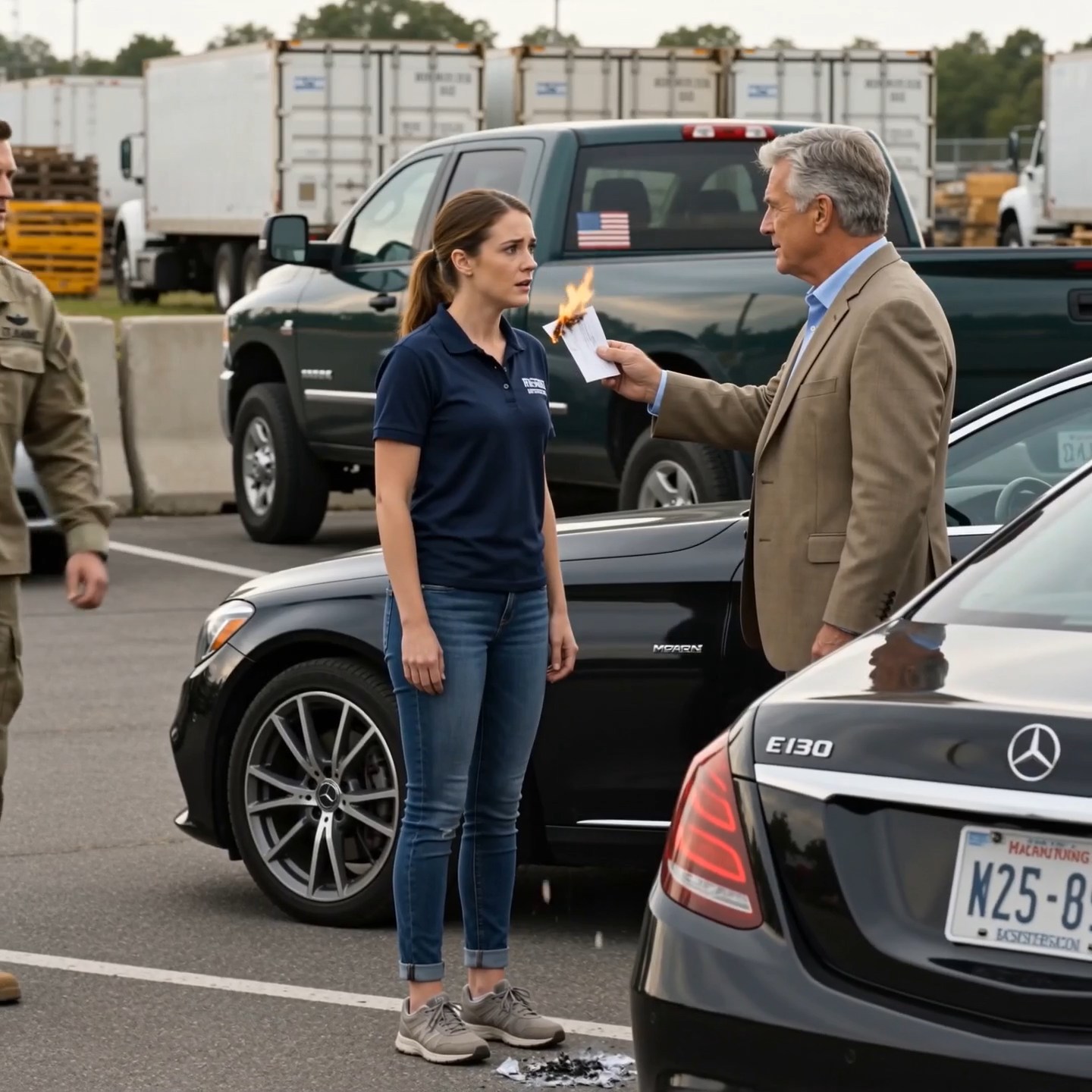 He burned her paycheck in front of her face and laughed. Then the truck across the parking lot opened.