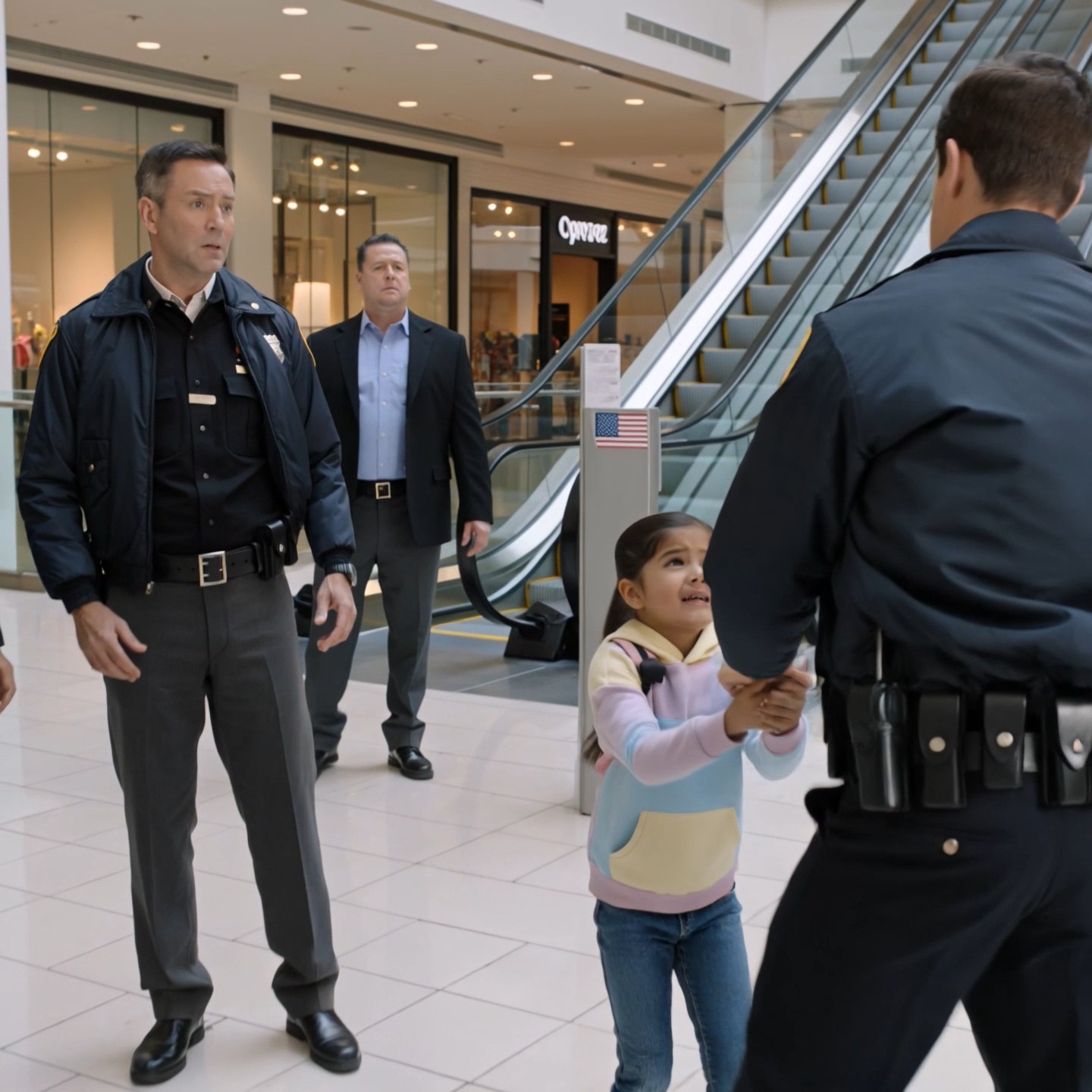 He dragged a sobbing little girl through a crowded mall and told everyone she was “just scared.” But when she screamed, “You’re not my dad,” one calm stranger stepped forward—and the man’s face changed before the badge even opened.