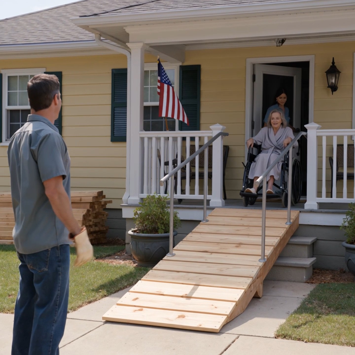The garbage man saw the wheelchair ramp rotting before her daughter knew it was dangerous. Two cracked boards, one loose rail, and a 71-year-old woman trapped behind a front door she kept insisting was “fine.” When her daughter arrived and saw four men tearing it apart, she came ready to demand answers—until one of them lifted the bottom board and her face changed.