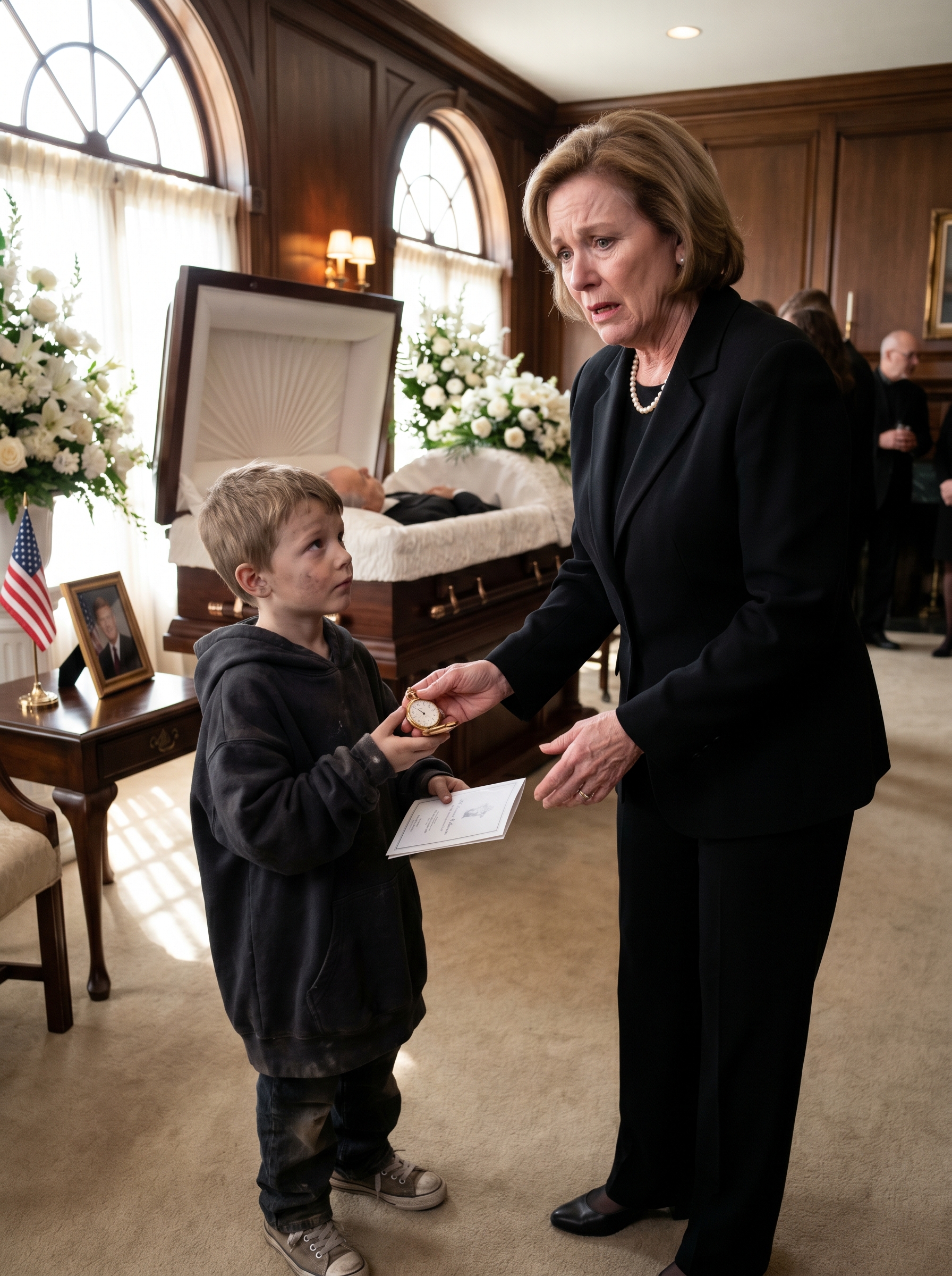 At his funeral, a little boy in a torn hoodie stood beside the casket and whispered, ‘He said if he died… you would take me.’ The elegant woman in black barely looked at him—until he handed her a funeral card with six words on the back. Then all the color left her face.