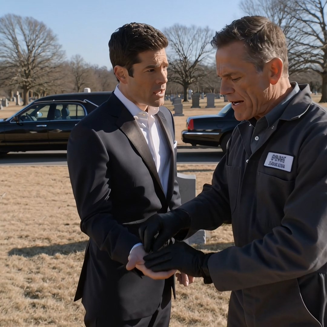 At my father’s funeral, the gravedigger grabbed my arm and whispered, ‘Your dad paid me to bury an empty coffin.’ Then he slipped a brass key into my hand, looked at my mother’s text, and turned white.