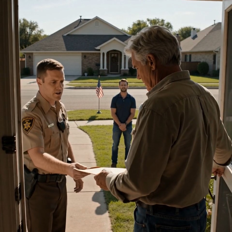 At dawn, a deputy sheriff knocked on my door with eviction papers. Across the yard, my son-in-law was grinning. ‘Your time is up. The house is ours now.’ I looked at the paperwork, asked one quiet question, and watched the whole front yard change.