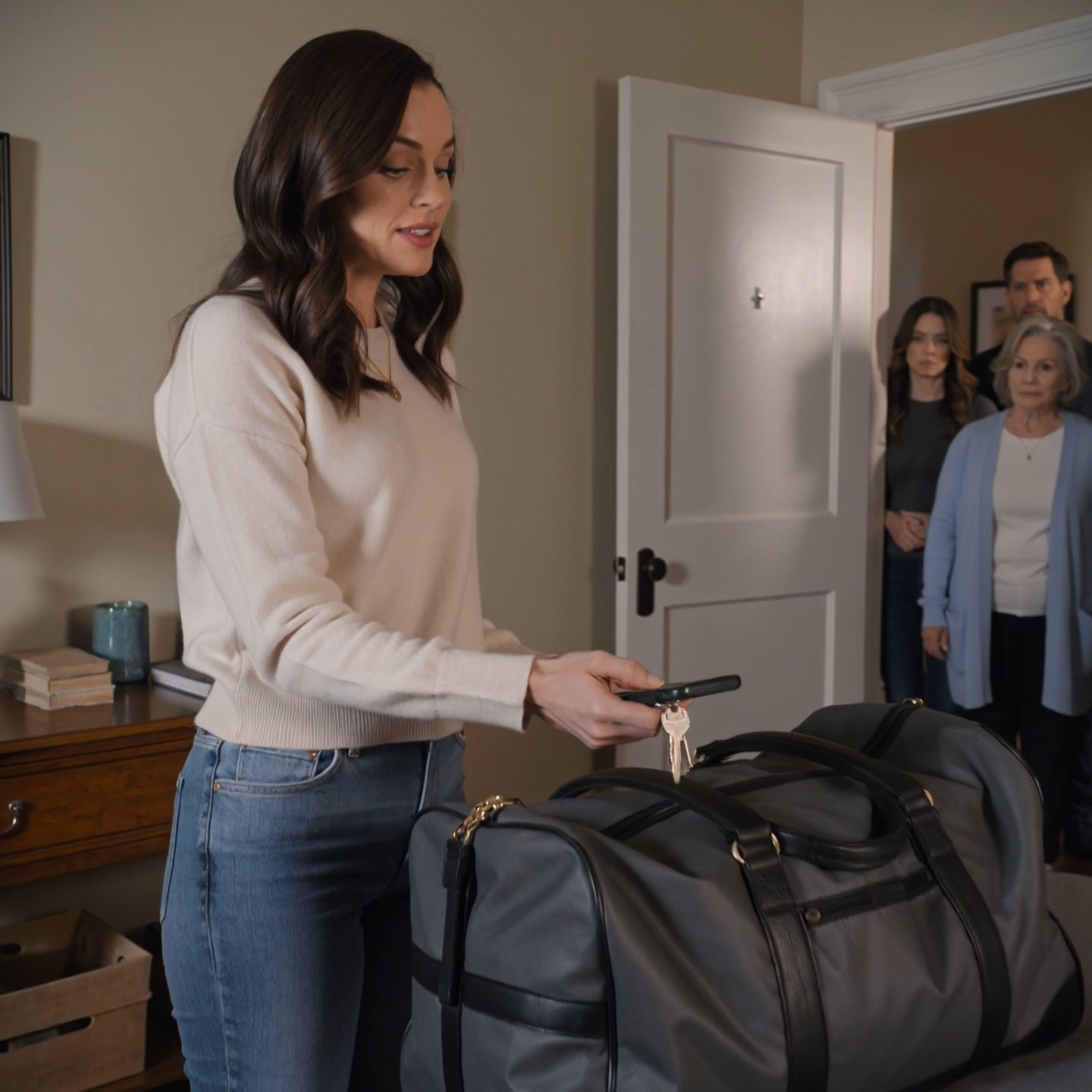 My sister stood in the doorway of my storage-room bedroom and told me to cancel my ski weekend because the family had already decided I was babysitting her kids again. When Mom said, ‘Walk out tomorrow and don’t come back,’ I calmly placed my keys beside a small white envelope—and my brother-in-law’s face changed before anyone opened it.