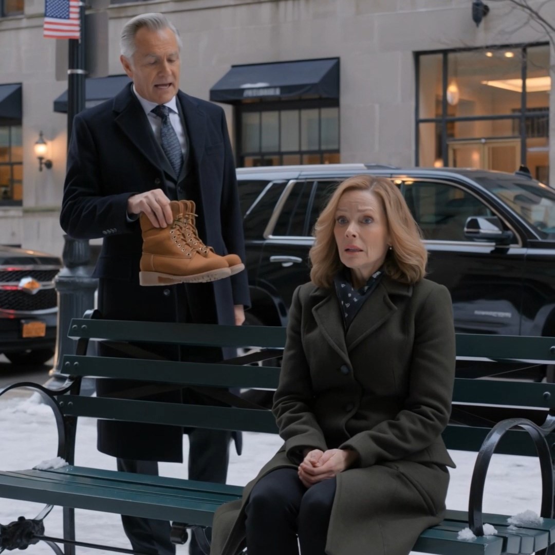 My husband left me for a 28-year-old on Christmas Eve, so I sat alone in the snow with my marriage in pieces. When I saw a barefoot stranger turning blue, I gave him my only winter boots. Two hours later, 17 black SUVs surrounded my bench—and the man I thought was homeless stepped out in a suit, holding my boots like they had just proven something about me
