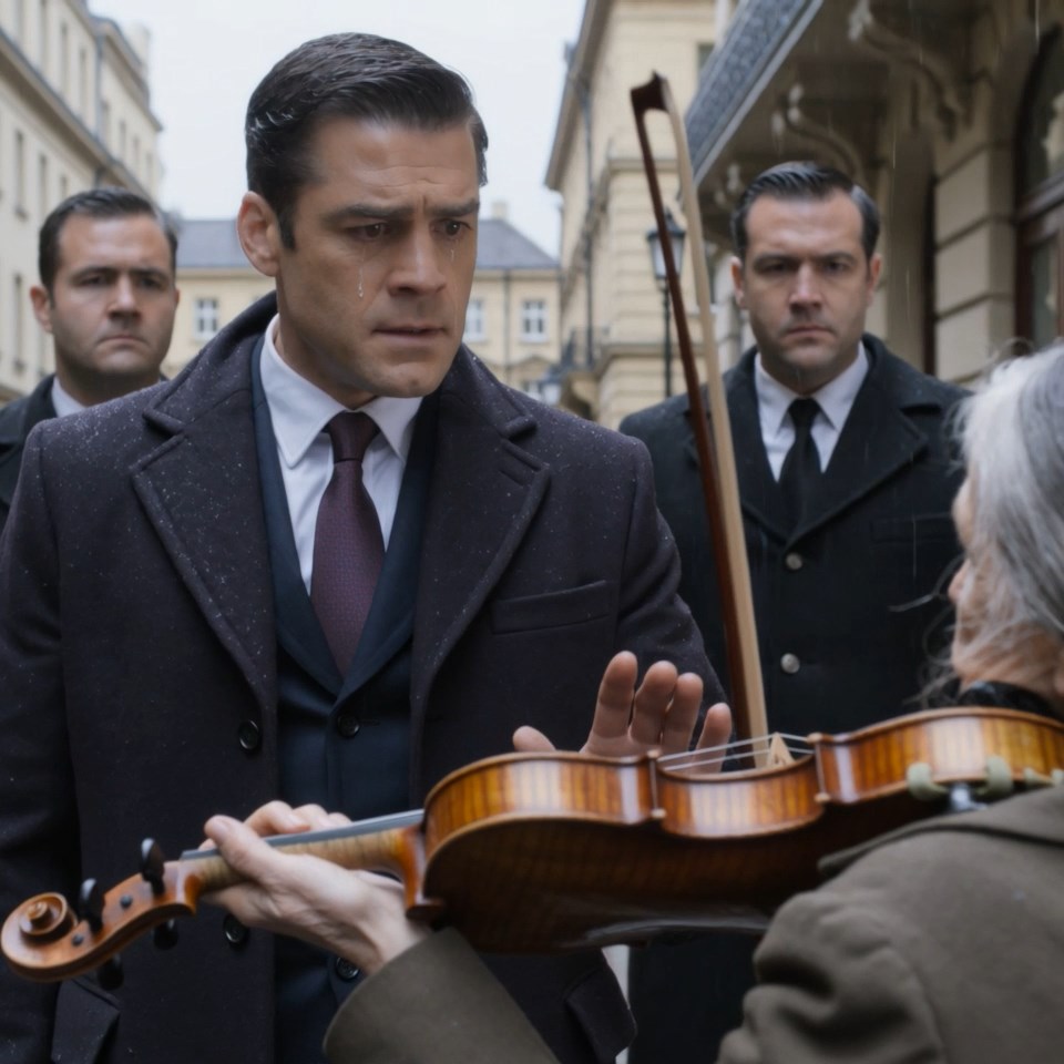 A billionaire snapped at a trembling old violinist to stop playing in the rain — then one cracked note made him cry before his bodyguards could react. But the real shock came when his father arrived, saw the faded blue thread in her hand, and went pale before she ever said his name.