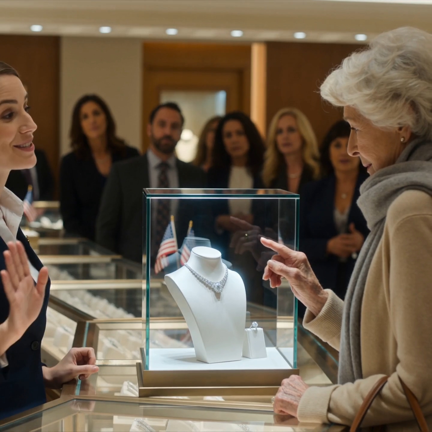 The young clerk laughed at the old woman’s scarf and said the diamond necklace was “far out of her budget”… until the manager saw the ring on her finger and turned white.