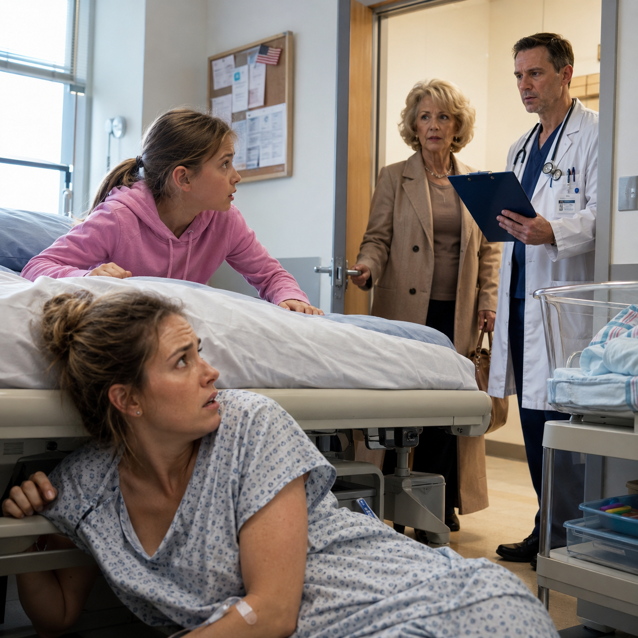 Moments after I gave birth to my son, my eight-year-old daughter leaned close to my ear and whispered, “Mom… get under the bed. Right now.” I thought she was scared of the hospital, until I saw her staring at the door with the kind of fear no child can fake.