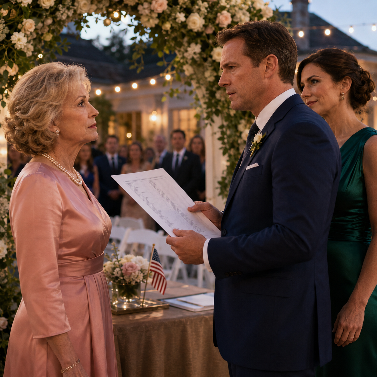 At my granddaughter’s wedding, my son blocked me beneath the white floral arch I had paid for and said, “Mom, your name isn’t on the list,” while guests stood there with champagne in their hands. I didn’t cry. I only straightened my mother’s pearls, turned around, and went home to open the one folder Richard had forgotten existed.