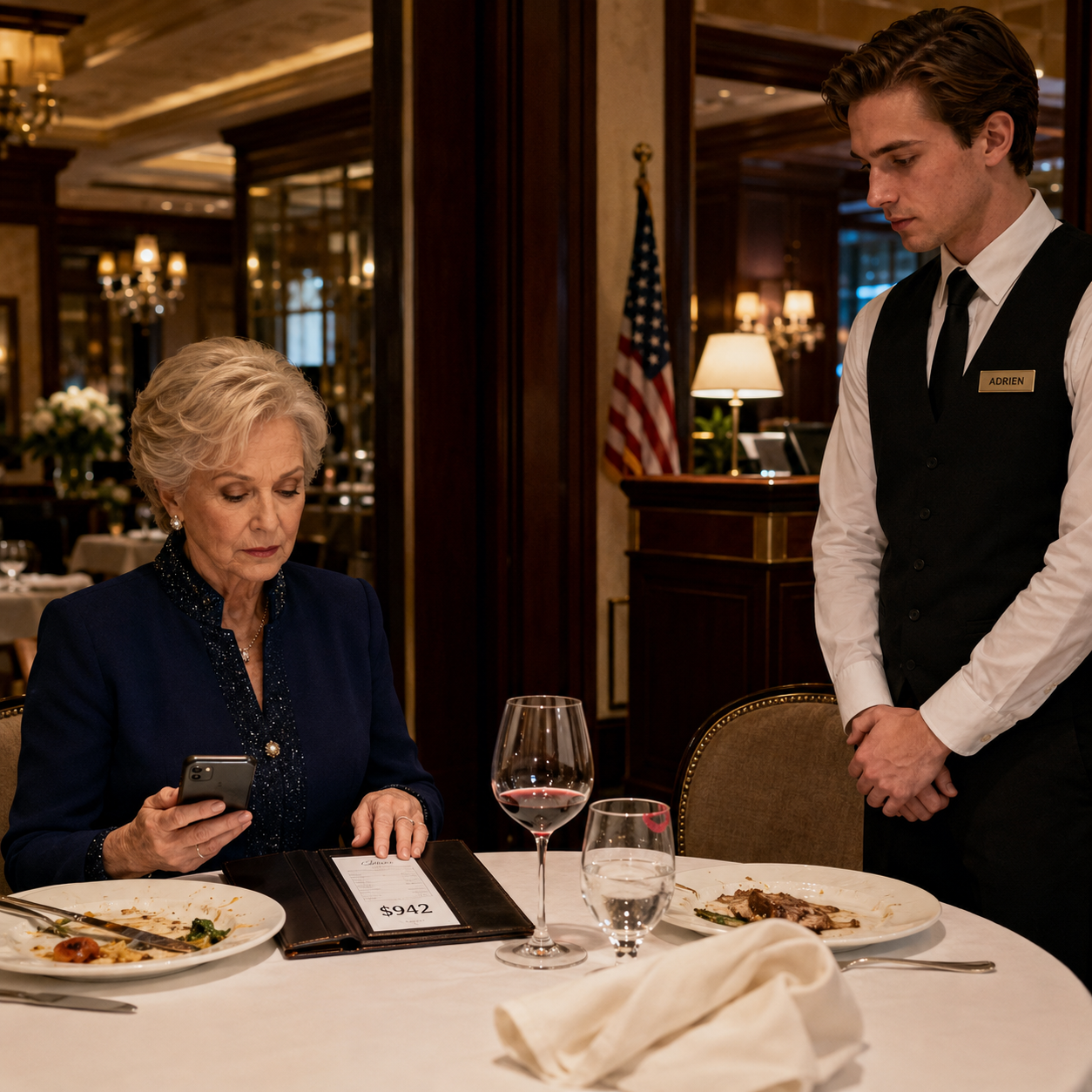 My son and his wife abandoned me at a Sacramento steakhouse with a $942 bill and two empty chairs, thinking a seventy-five-year-old widow would be too embarrassed to make a scene—so I smiled at the waiter, ordered black coffee, took one photo of their untouched napkins, and made a call that turned their entire house quiet by Wednesday.