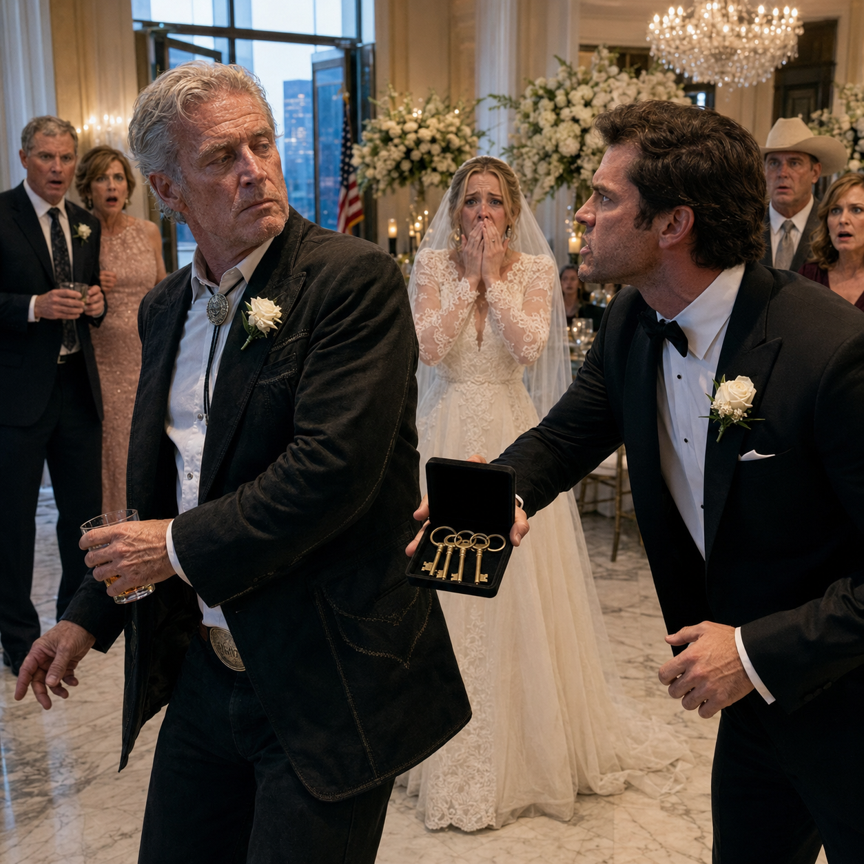 At my daughter’s wedding reception in downtown Houston, my new son-in-law opened a velvet box full of copies of my ranch keys and told two hundred guests, “A man your age shouldn’t be carrying that burden alone.” I didn’t shout. I didn’t beg my daughter to defend me. I only set my whiskey down, wiped the blood from the corner of my mouth, and walked out to make the one phone call Alan Peterson had spent months making sure I’d never make.
