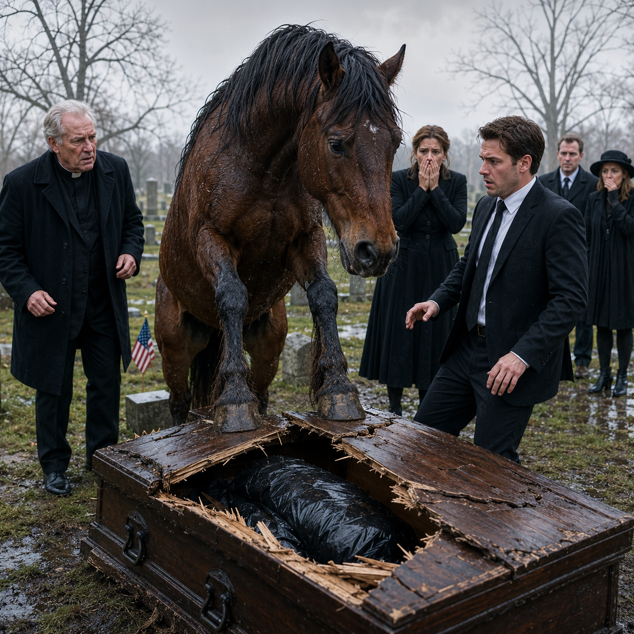 At my father’s funeral, his old stallion Thunder burst through the cemetery gate so violently that three grown men couldn’t hold him back, then slammed both front hooves onto the coffin while the pastor was still praying—and when the lid cracked open, my mother didn’t scream at the horse. She screamed at what Thunder had found before the rest of us did.