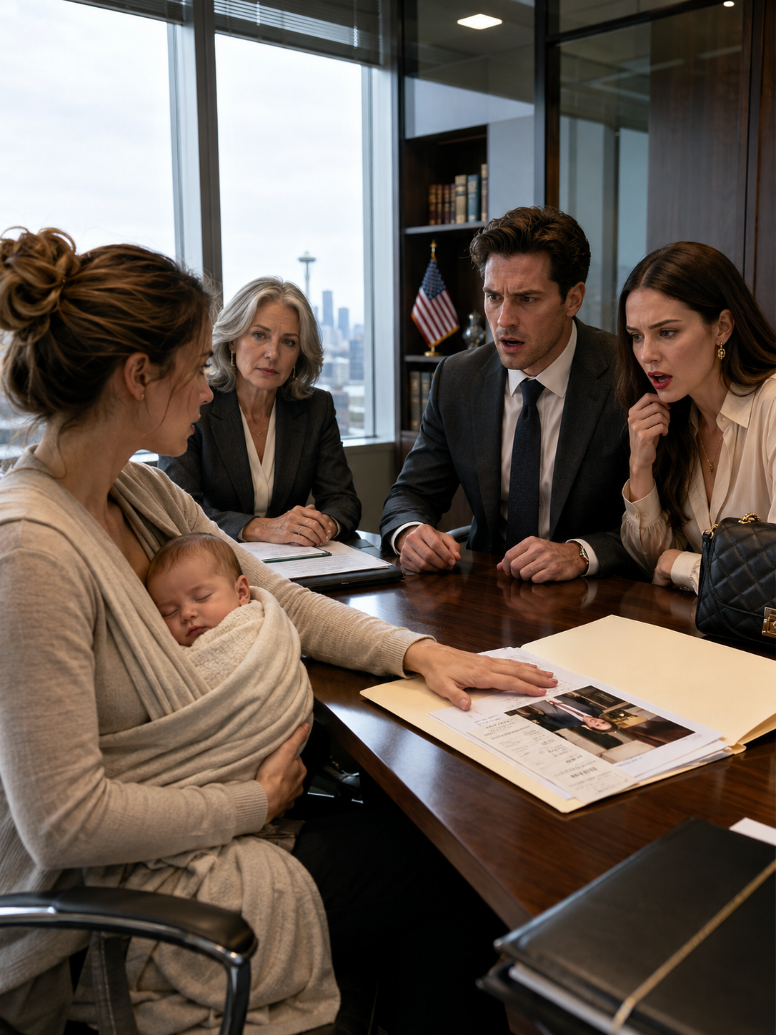 Valerie walked into the divorce attorney’s office with her 12-day-old baby asleep against her chest 🍼 and found Santiago sitting beside the woman he swore was “only a business partner” — relaxed, polished, almost proud — until he noticed the plain folder in Valerie’s hand and the attorney across the table stopped smiling. ⚖️