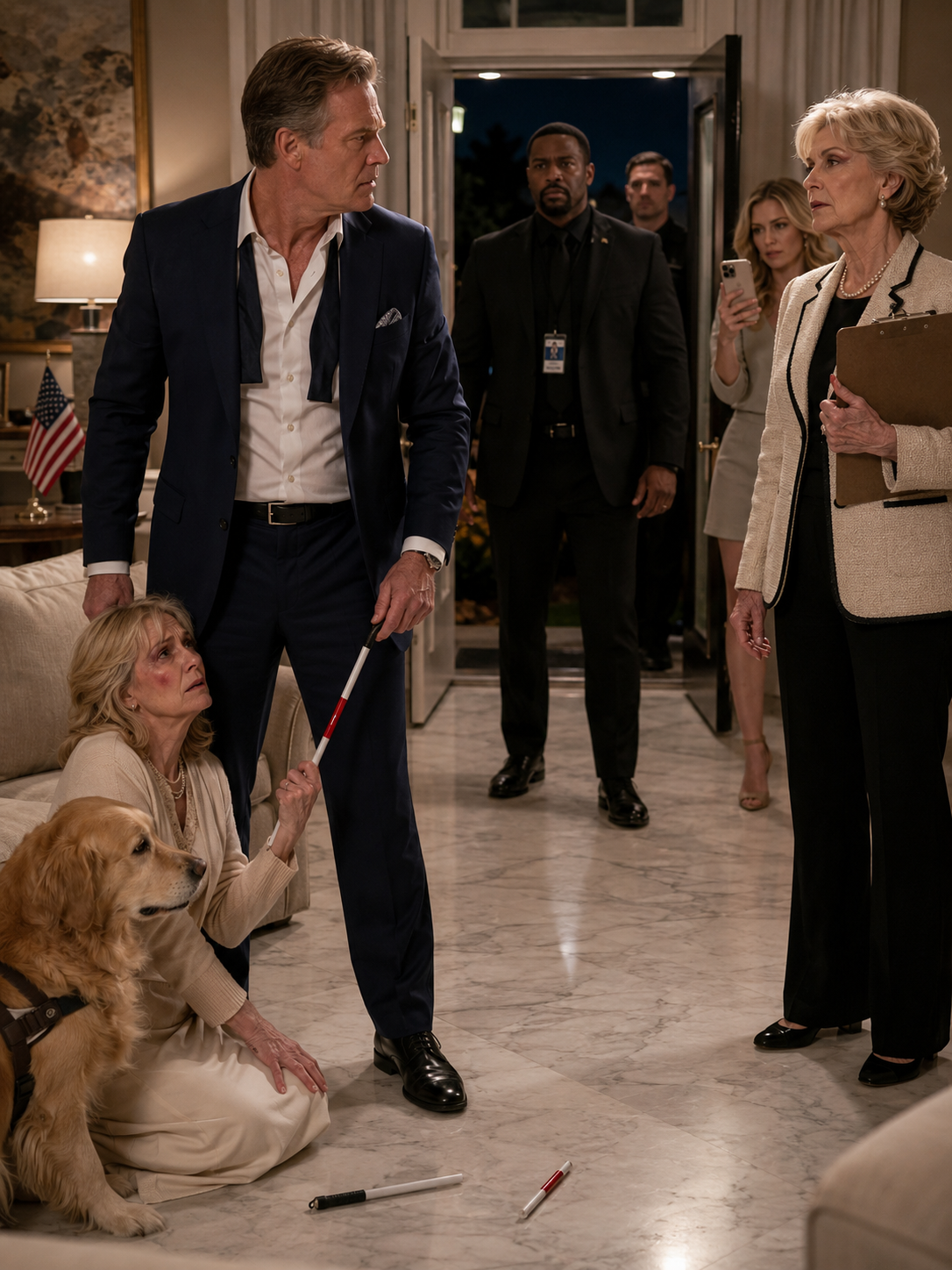 The HOA president was still laughing when I found my blind wife on the hallway floor, her white cane snapped in two beside her 🦯—and when I asked why, she lifted her clipboard and said, “Your wife caused quite a scene,” as if a neighborhood title could protect her from what my house had already seen. 🎥