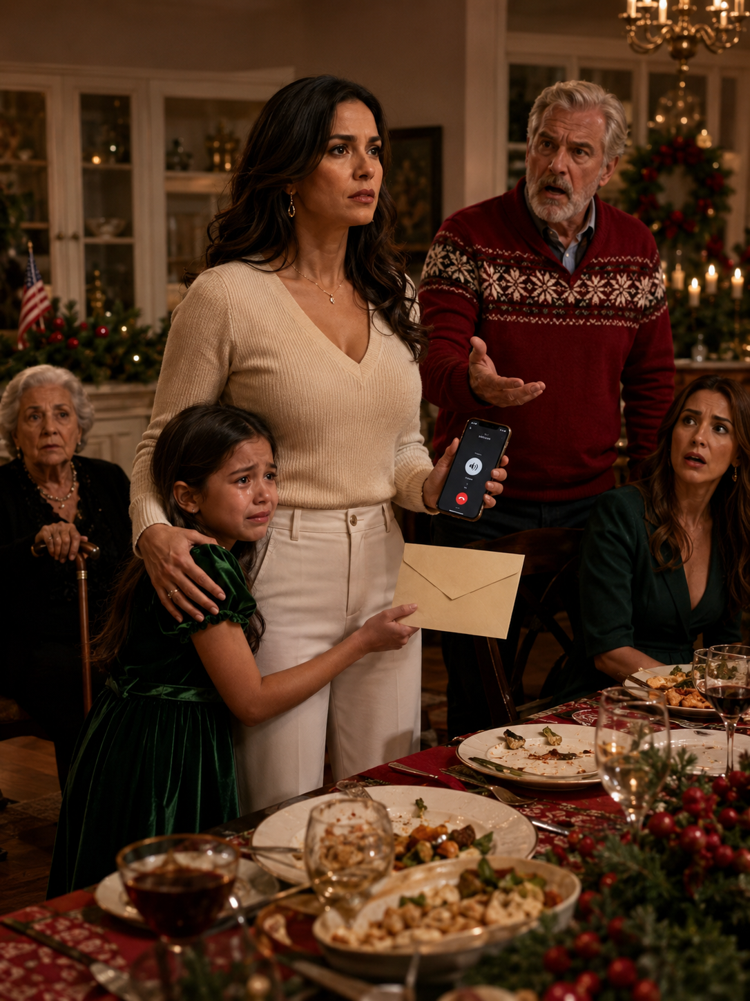 My father threw me and my eight-year-old daughter out on Christmas Eve 🎄—but when I made one quiet phone call, my mother suddenly stood up, my sister’s smile disappeared, and every person at that table realized the woman they had humiliated was holding something they were never supposed to see. ✉️