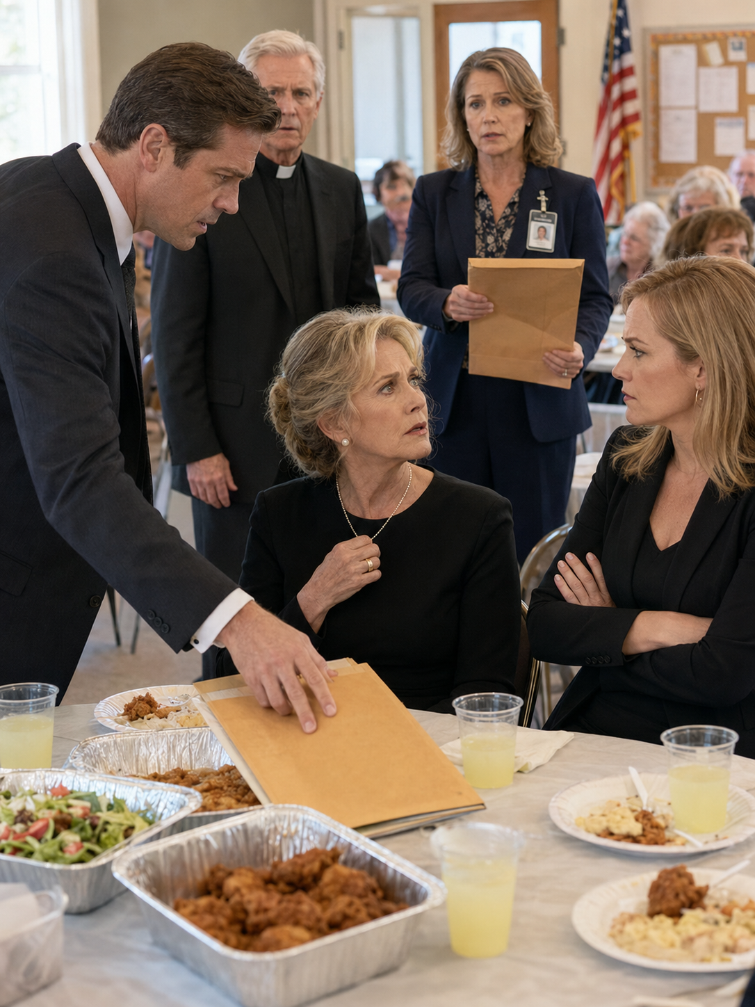 At my husband’s memorial lunch, before I had even taken off my black dress coat, his grown children slid a legal envelope across the church table and accused me of faking his will ⚖️. Marcy said, “Dad would never leave that house to a woman he married late in life,” loud enough for the whole fellowship hall to hear—then the side door opened, and a woman from the county clerk’s office walked in holding a brown envelope Tom had filed three days before he died. 📄