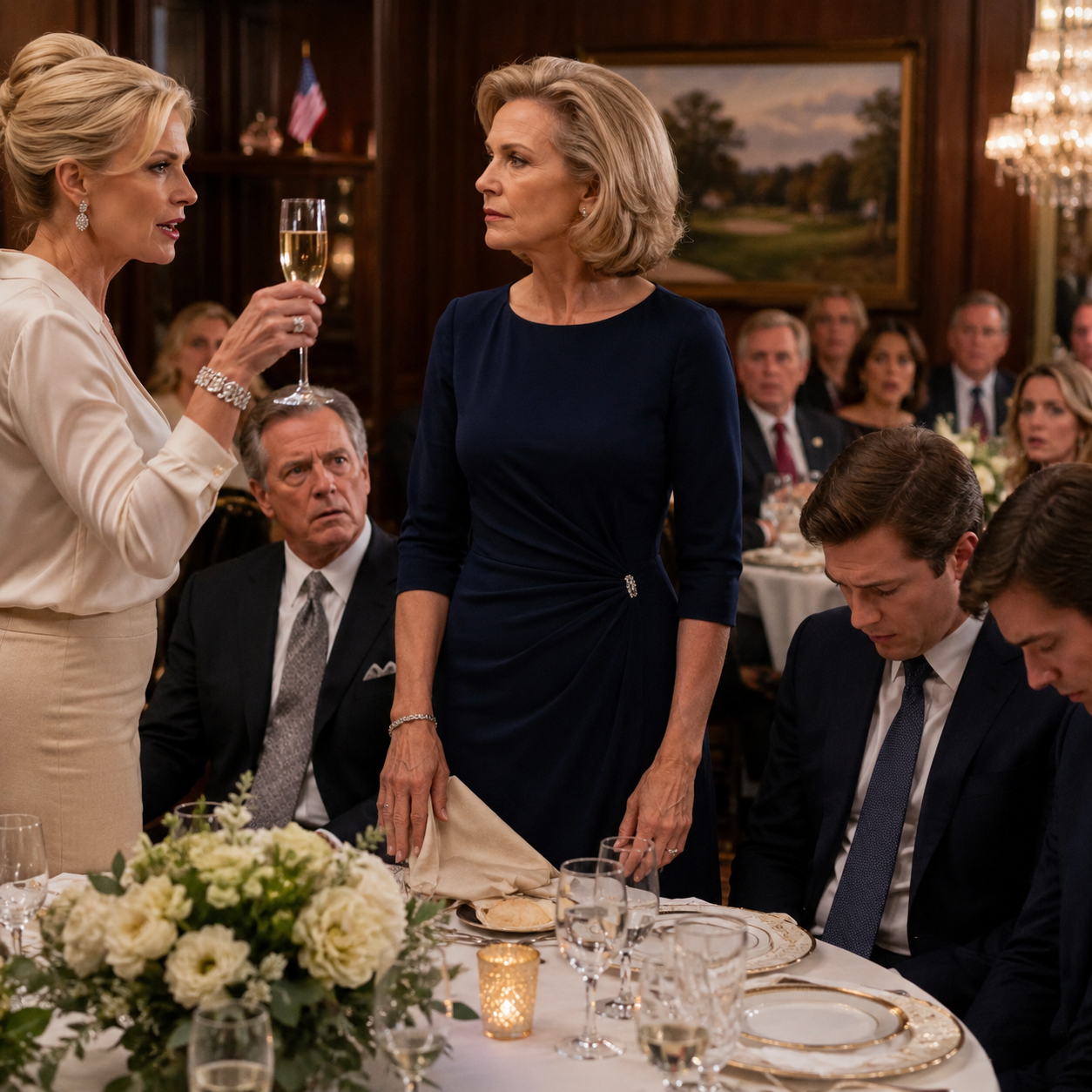 At my former husband’s retirement party, his new wife raised a glass and called me “the little starter wife who taught him how to survive.” 🥂 The country club laughed softly, my two grown sons stared down at their plates, and Richard just smiled… but on my kitchen counter was a bank envelope with my legal name on it, and by Monday morning, the woman they treated like a footnote would become the only name standing between him and the retirement he thought was already his. ✍️