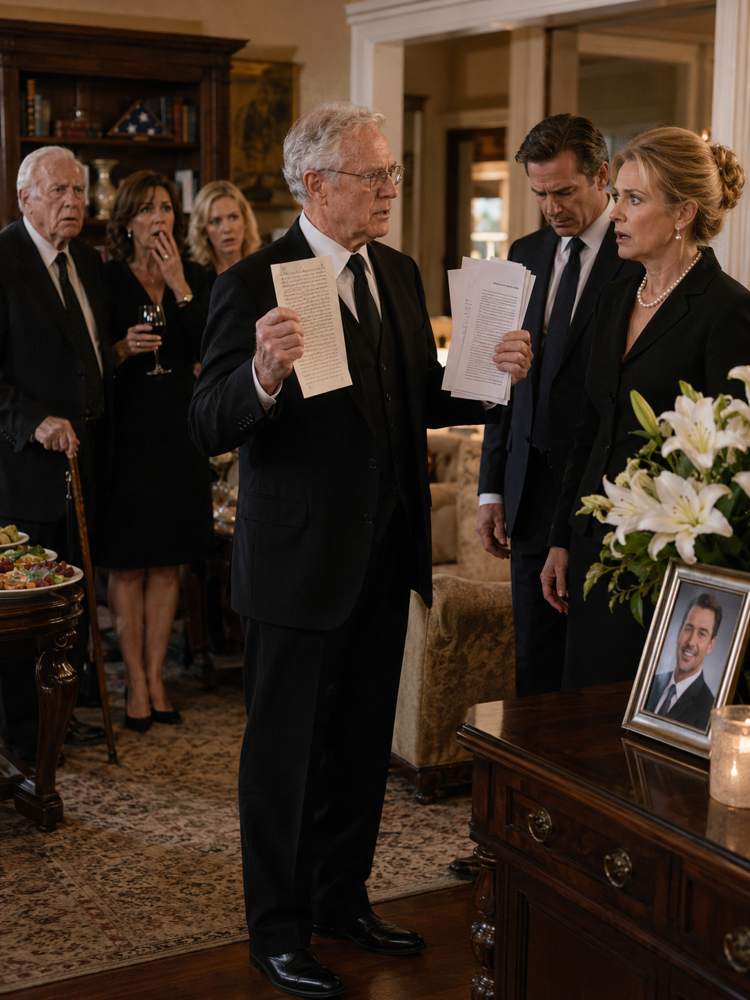 At my son’s funeral, his wife leaned close beside the grave and whispered, ‘YOU’RE NEXT!’ — but she should have waited before threatening a 72-year-old father, because by that evening, I stood in her living room, reached into my coat pocket, and pulled out the one envelope Robert had hidden before he died. Her fingers tightened around the wineglass, but the room had already noticed — Helen knew that envelope was not grief. It was evidence.
