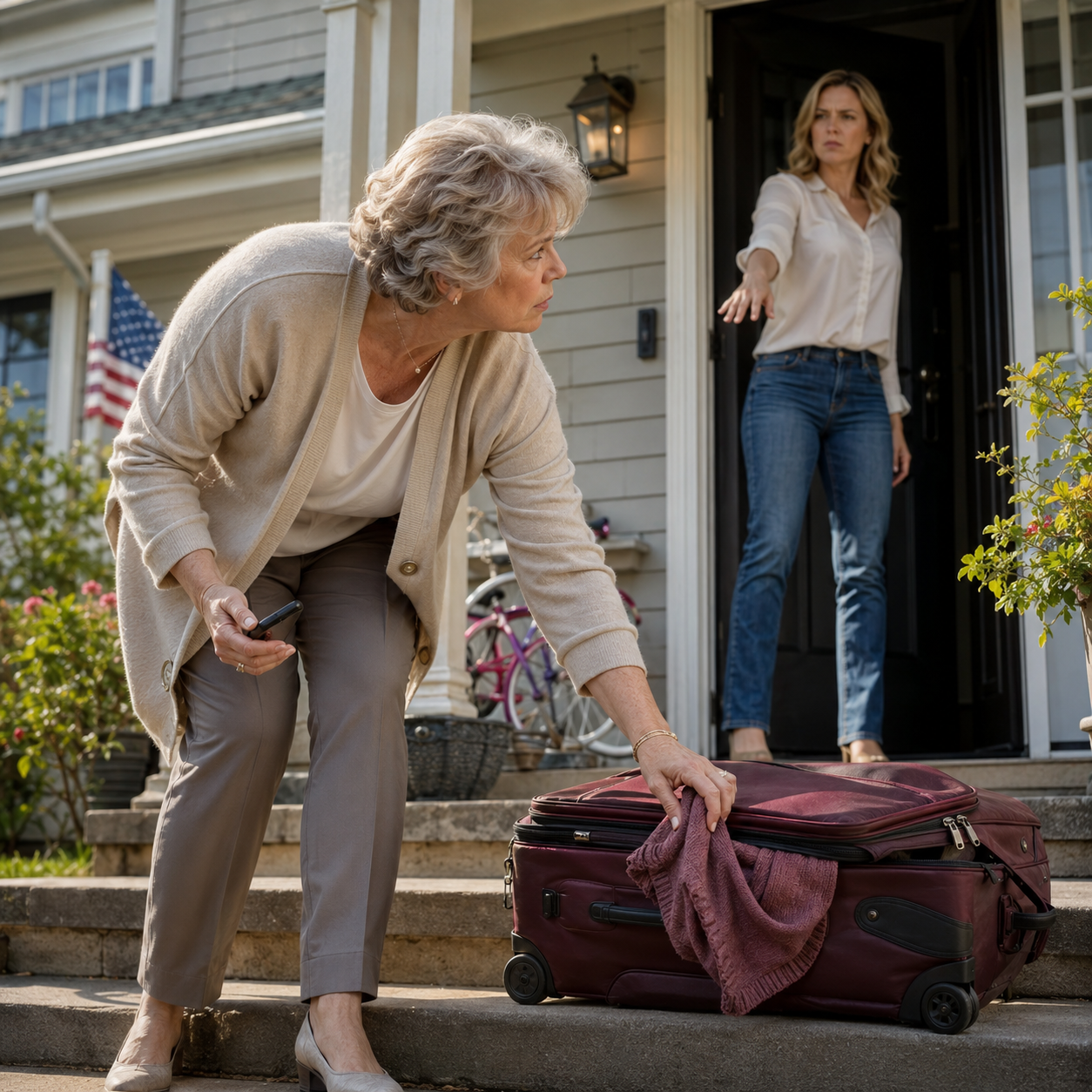 My daughter threw my faded burgundy suitcase onto the porch and said, ‘You’re holding us back. Move out.’ She thought she was finally cutting loose the old woman in the guest room… but before that suitcase even stopped rocking on the step, I had already remembered the one thing she forgot I still had.