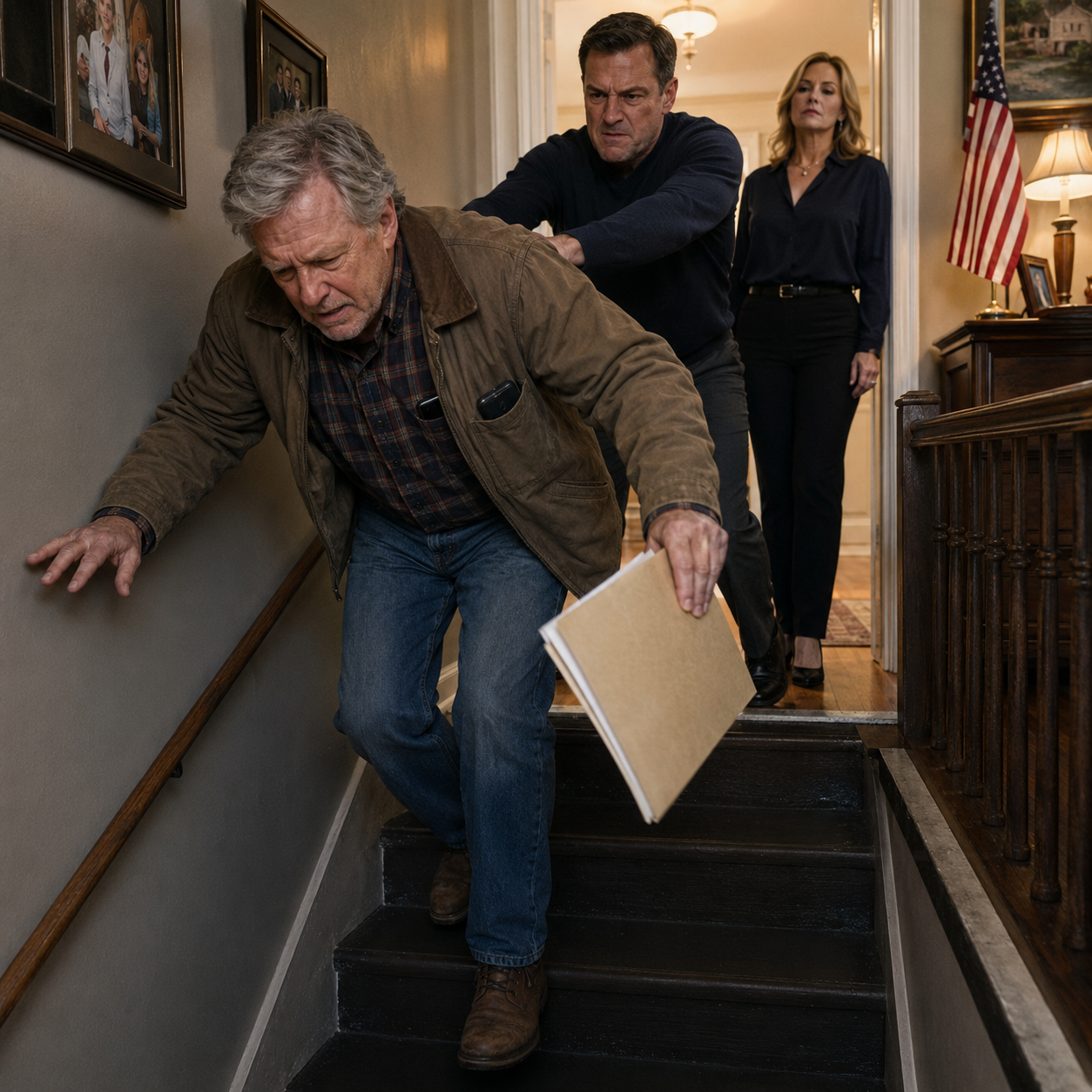 My son shoved me down the basement stairs, stood at the top, and said, ‘Maybe now he’ll get the message.’ His wife laughed, ‘Let him rot.’ They walked away thinking the old man was finally silent—but with one shaking hand, I made a twelve-second call, and before they opened that door again, a car was already waiting in my driveway.