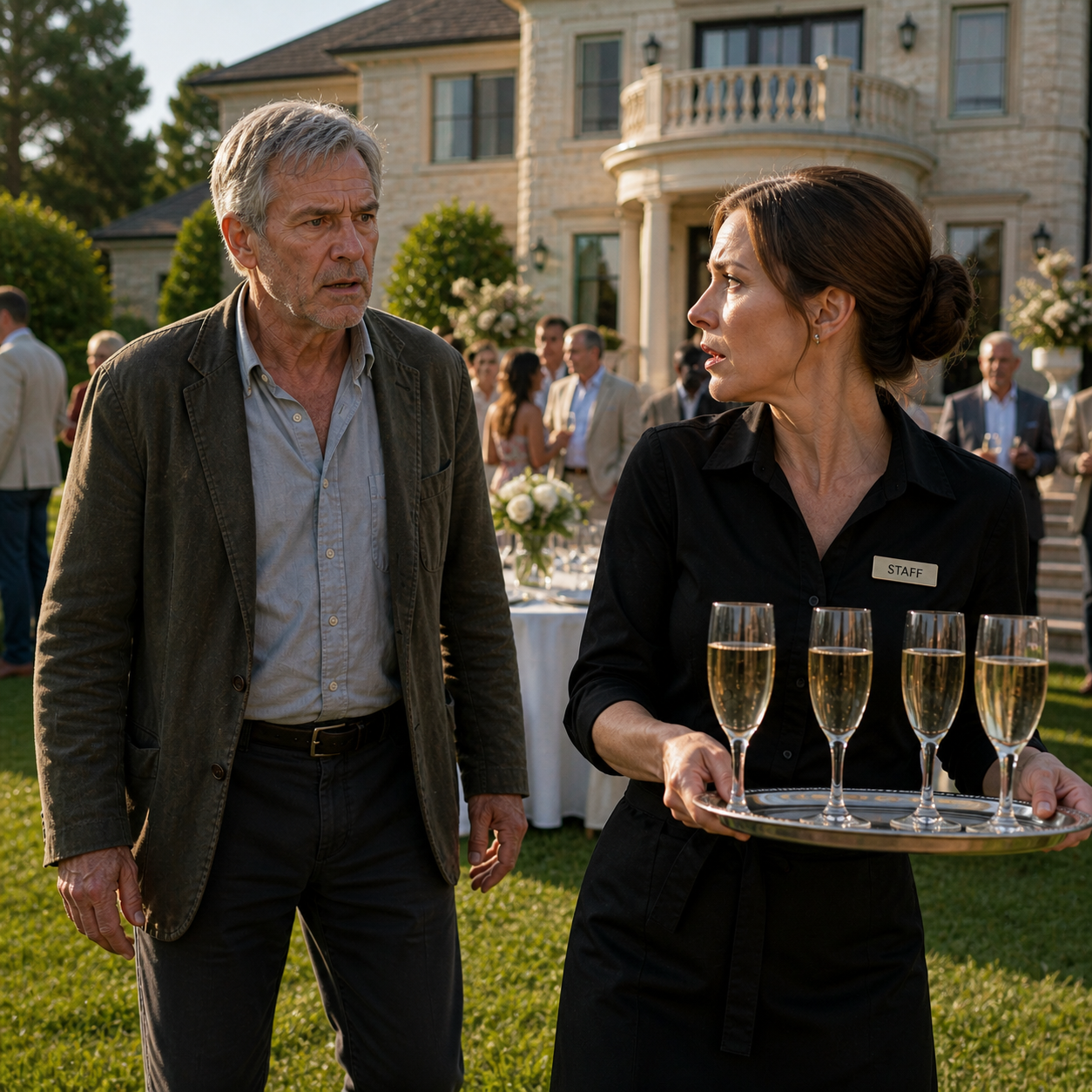 Five years after they declared me dead, I walked into the $8 million estate I built—and found my daughter serving champagne in a black staff uniform. She looked at the father she thought she’d buried and asked, ‘Sir, are you on the guest list?’ I stepped aside and called my attorney: ‘File everything. The dead man just came home.’