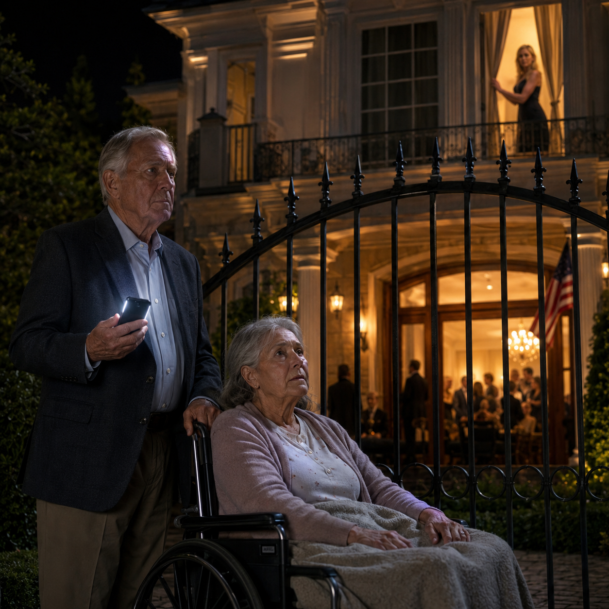 I pushed my wife’s wheelchair to the gate of the mansion I paid for, twelve hours after her surgery, and my son texted, ‘Find a hotel. Mom and Dad shouldn’t be here.’ Inside, his party kept roaring—so I took one quiet action at the gate, and before midnight, his panic texts wouldn’t stop.
