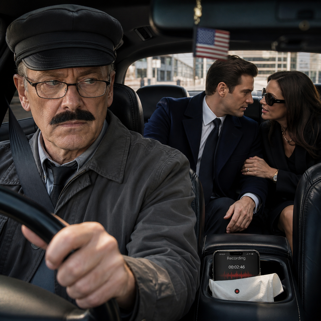 My wife laughed when I put on a fake mustache and drove my daughter’s fiancé around like a hired driver—until he slipped into the back seat with a woman who kissed him like a secret, told me not to log the stop, and said one sentence about my daughter that made my hands lock on the steering wheel.