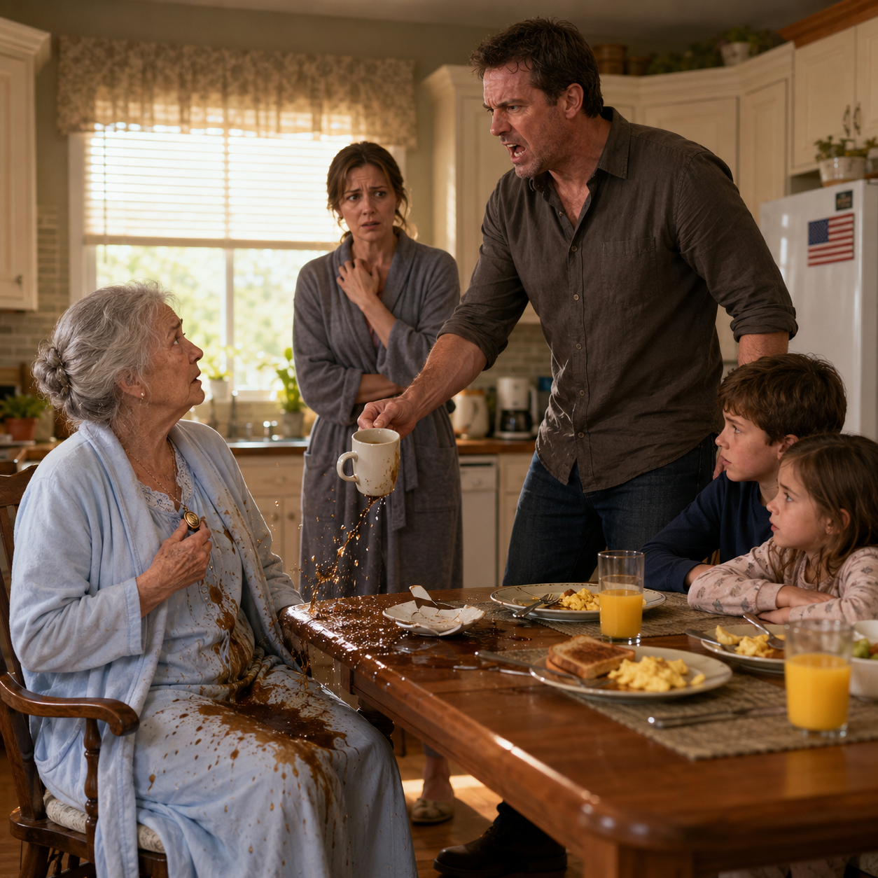 At 72, I was sitting at the far end of my own Tennessee kitchen when my son-in-law threw hot coffee into my lap and snapped, ‘You eat here, but you don’t help.’ My daughter looked down. My grandchildren froze. And while my hands were still shaking, I suddenly remembered the one thing none of them had ever bothered to ask me about.