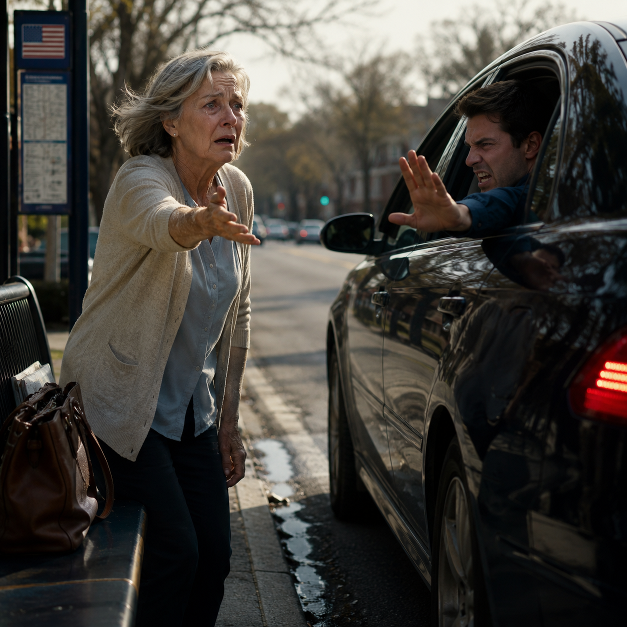 My son left me at a bus stop with no money and said, ‘If you’re so independent, find your own way home.’ My phone had 3% battery, my wallet was on my kitchen counter, and I was four miles from my apartment—then a blind man beside me leaned close and whispered, ‘Pretend you’re my wife. My driver is coming. Your son is going to wish he had never left you here.’