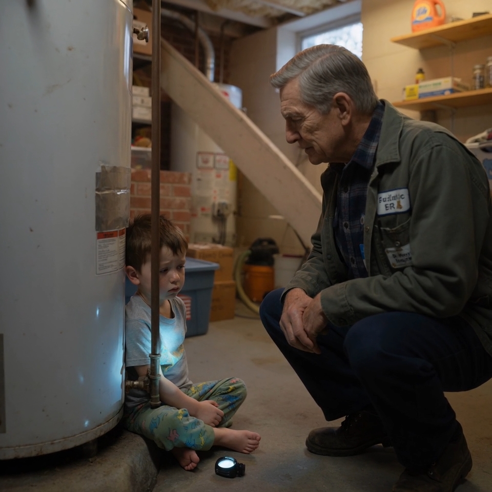 I hired a plumber while my son and his wife were vacationing in Cancun, and two hours later he called me from their basement with his voice cracking, saying, “Sir… there’s a little boy hiding behind the water heater—he won’t come out,” so I drove over with my hands shaking on the wheel, never imagining that the child I found down there would expose the darkest secret my own family had buried inside my house.