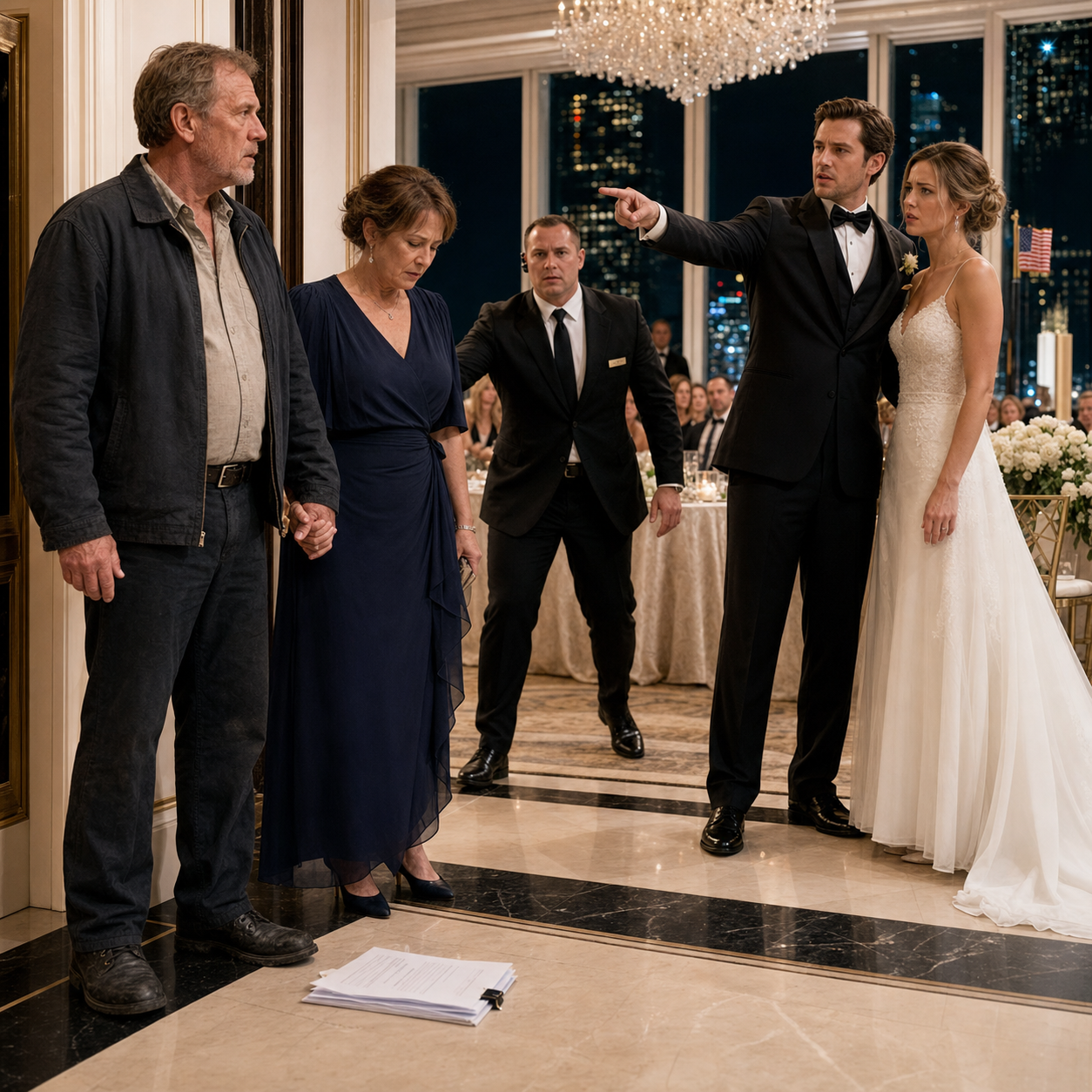 My son saw me holding his mother’s hand at his $450,000 wedding, looked at our old clothes like we were stains on his perfect new life, and told security, ‘Get those two delivery people out’—so I walked away without a word, picked up the thin stack of papers he didn’t know had fallen by my shoe, and made one quiet decision that would leave him standing at the altar with his mouth open and nothing left to say.