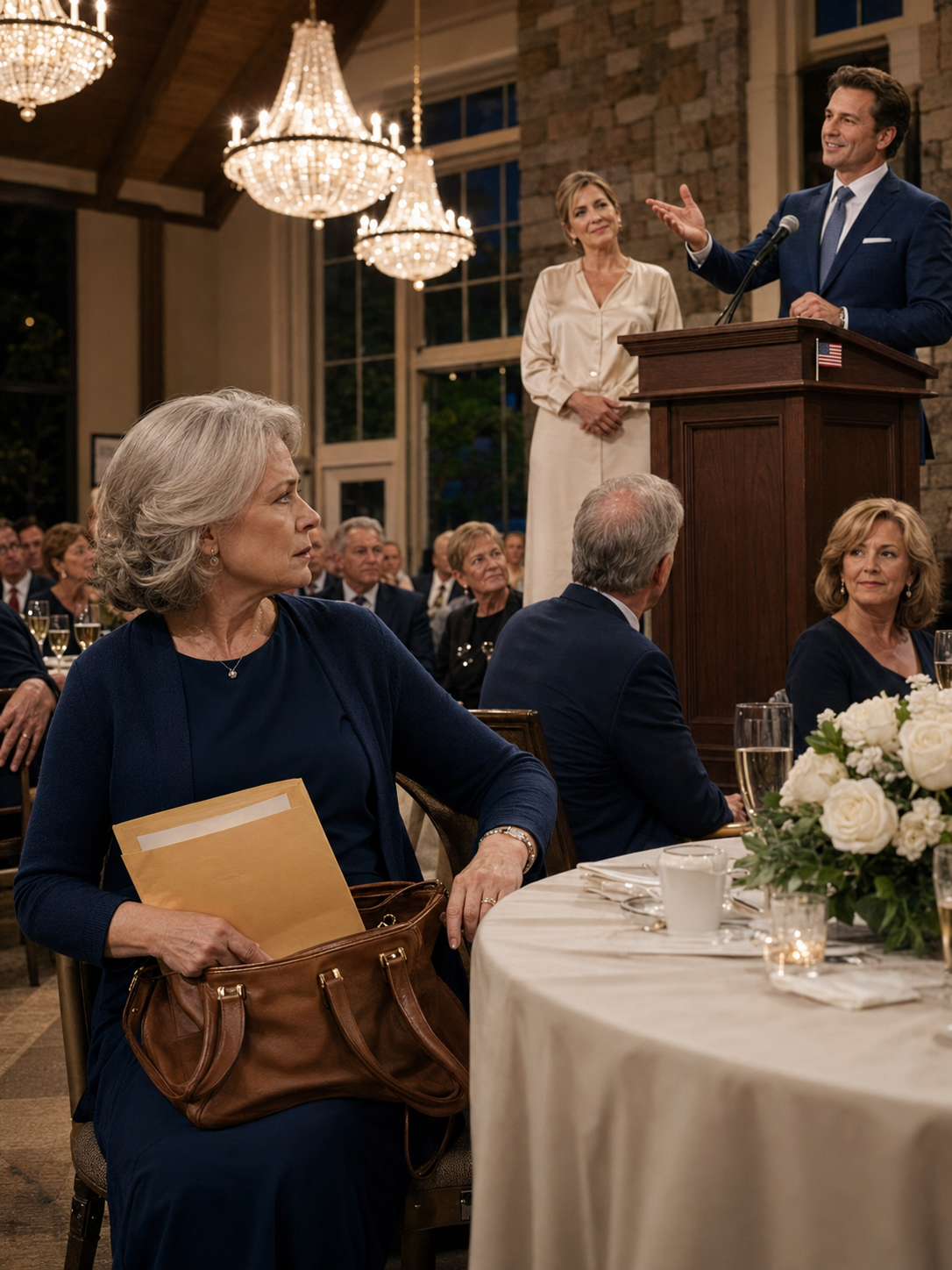 My son called me ‘confused’ beneath six chandeliers, in a clubhouse full of neighbors holding champagne—then smiled like he was only trying to protect his poor aging mother. But inside my purse was a manila envelope from the county recorder’s office, a pharmacy receipt, and one old document my late husband told me never to lose… and when Blake slid the pen toward me, the man from Stonebridge Bank slowly set down his glass.