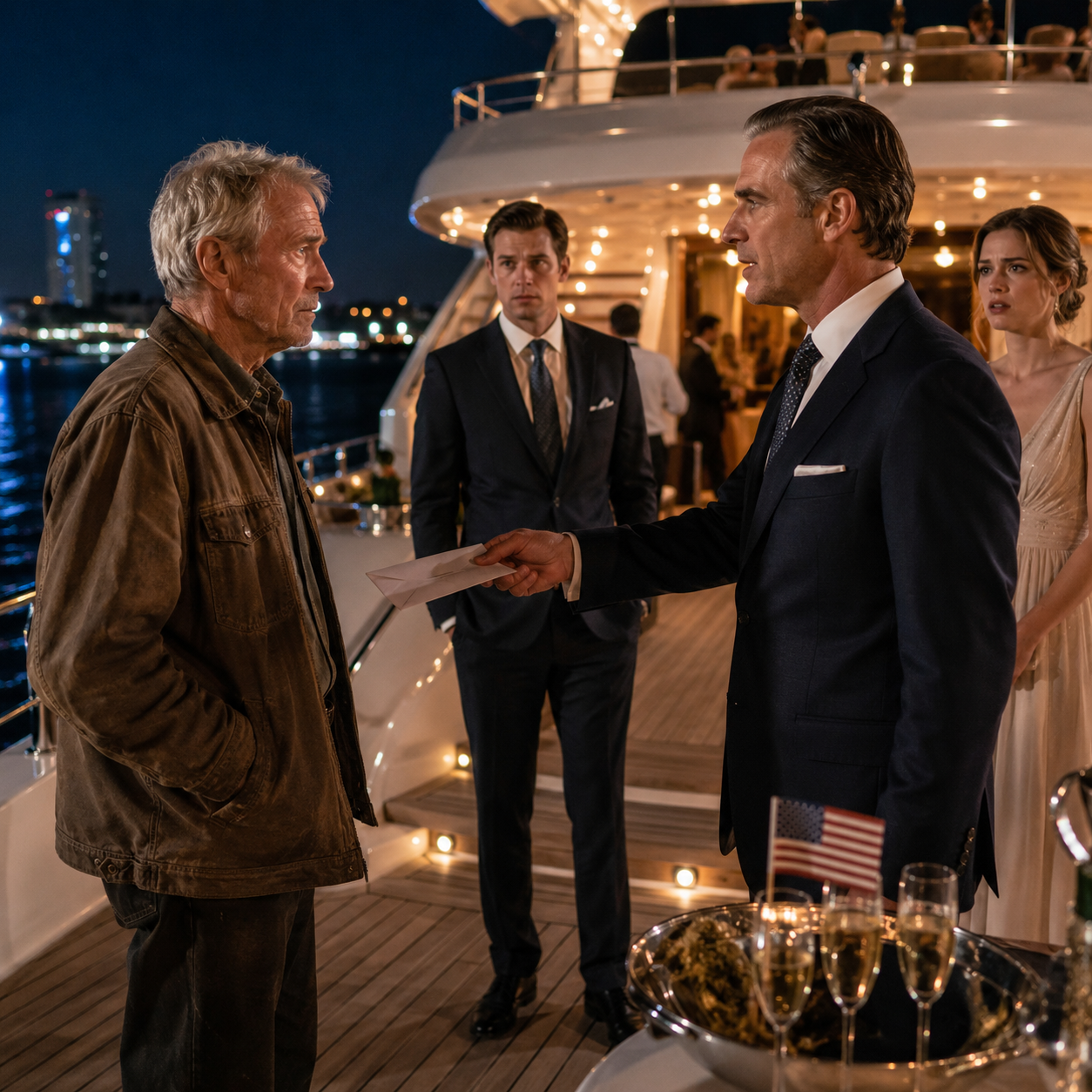 I walked onto my son’s million-dollar engagement yacht in oil-stained shoes, and they sent me to stand with the staff while my own son looked away—then the bride’s father handed me a $10,000 check to disappear from the wedding… until his phone rang, the deck went quiet, and he realized the ‘poor old man’ he had just priced at ten grand had already touched the one thing his money couldn’t protect.