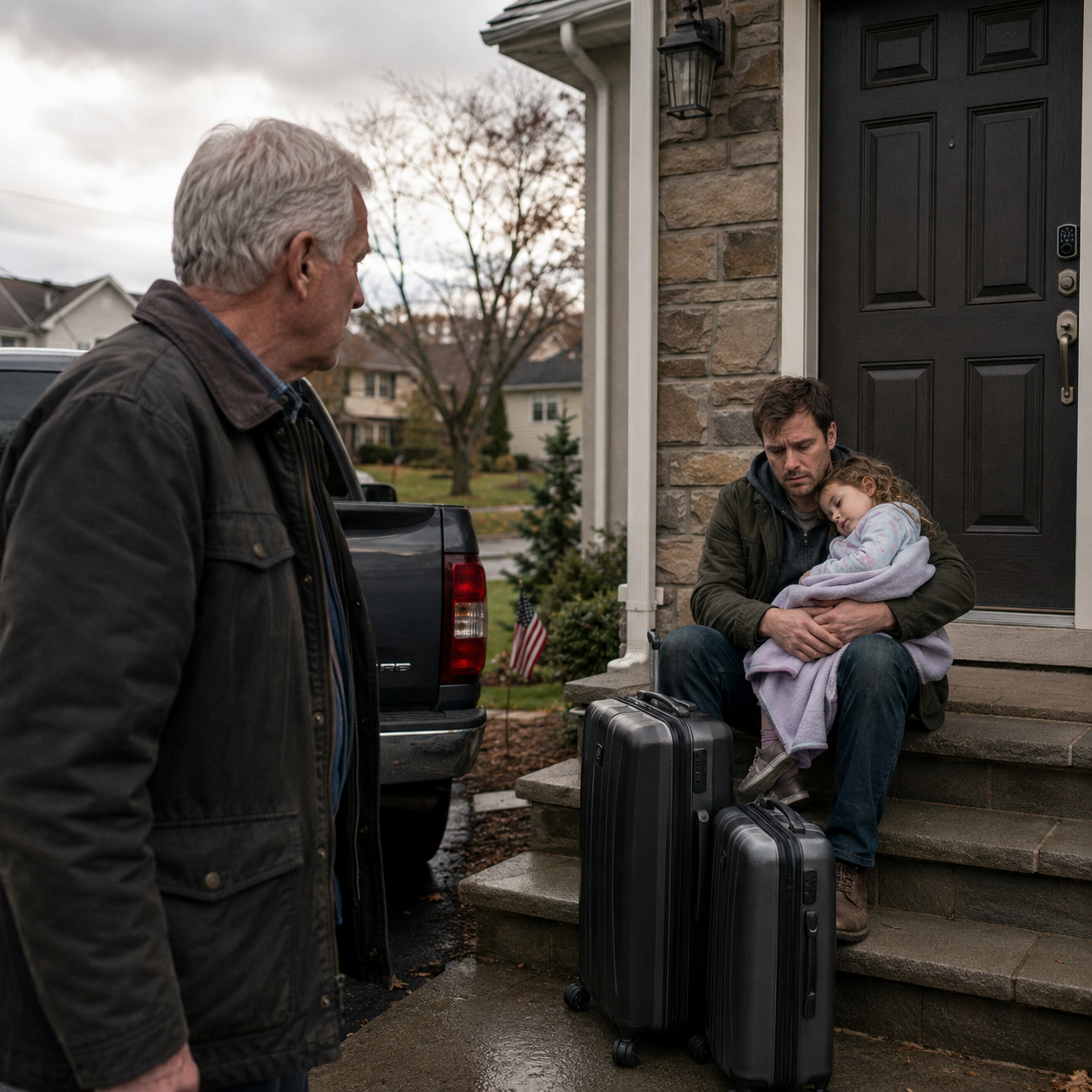 I found my son on the front steps of his own house with my granddaughter asleep in his arms and two suitcases at his feet. When he said, ‘My father-in-law changed the locks. Said we weren’t worth keeping,’ I told him to leave the bags where they were. His face changed. He thought I was in shock. I wasn’t. I had been waiting fourteen months for that man to make exactly this mistake.