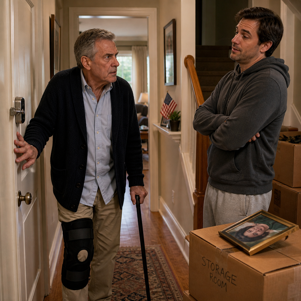 I came home from knee surgery with a cane in one hand and hospital papers in the other—only to find a brand-new deadbolt on my office door. My son-in-law said, ‘My mother needed the room. Your things are in storage,’ like I was the guest… but he made one mistake: he waited until I was weak to forget whose house he was standing in.