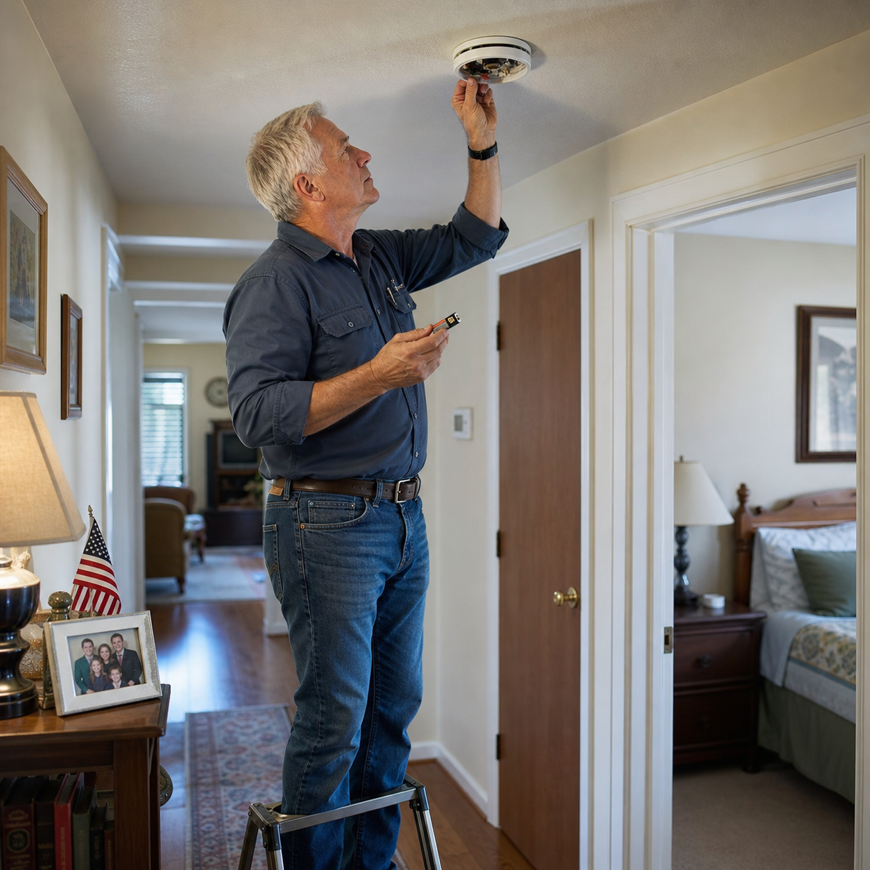 I was changing the smoke detector battery outside my bedroom when my fingers hit a hidden camera pointed straight at my door—so I put the cover back on, let my son keep watching, and one week later he smiled over breakfast and mentioned the exact minute I stepped into that hallway… not knowing my lawyer already had the first copy of the footage.