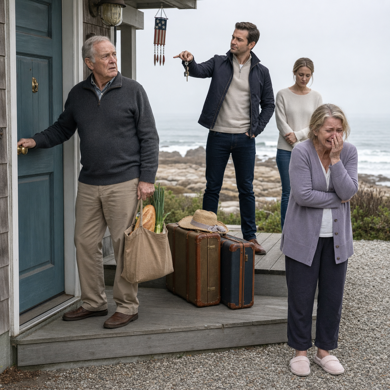 My brother-in-law locked my parents out of the $650,000 ocean cottage I bought after forty years of their sacrifice, left their suitcases on the porch like trash, and told my father, ‘This isn’t your house anymore’—then he smiled for the rental photographer… until I raised my phone, made one call, and his new keys suddenly became the worst mistake he’d ever held in his hand.