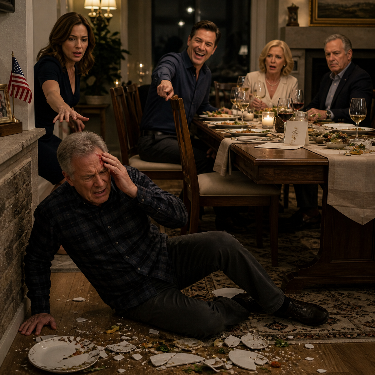 My son-in-law laughed while I was bleeding on his parents’ floor and said, ‘Always so careful, Wallace,’ while everyone at that birthday dinner smiled like I was the joke of the night; I got up alone, drove away without one angry word, and made a single call from a hotel room—by sunrise, the man who laughed at me was about to learn whose life he had really been standing on.
